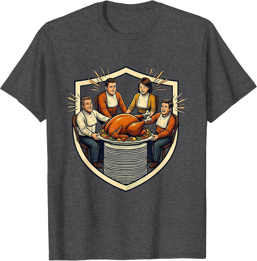 Men's Thanksgiving Turkey Crew Matching Family Dinner Humor T-Shirt - Dark Heather Grey