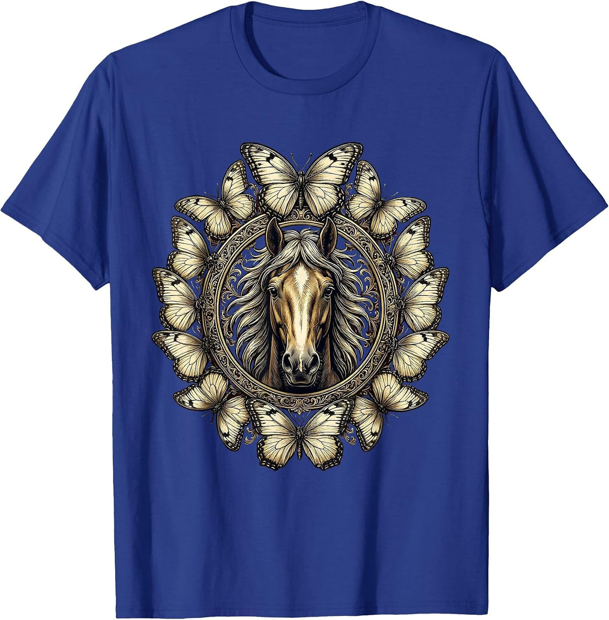 Horse Head and Butterflies Graphic Design T-Shirt - Royal Blue