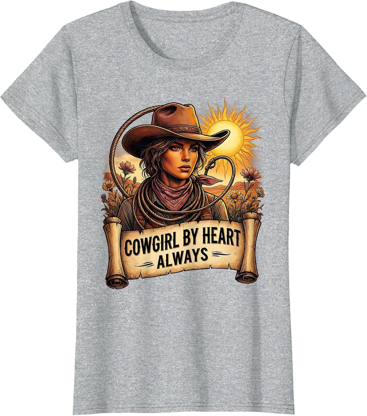 Women's Cowgirl By Heart Always Western Spirit Design T-Shirt - Heather Grey