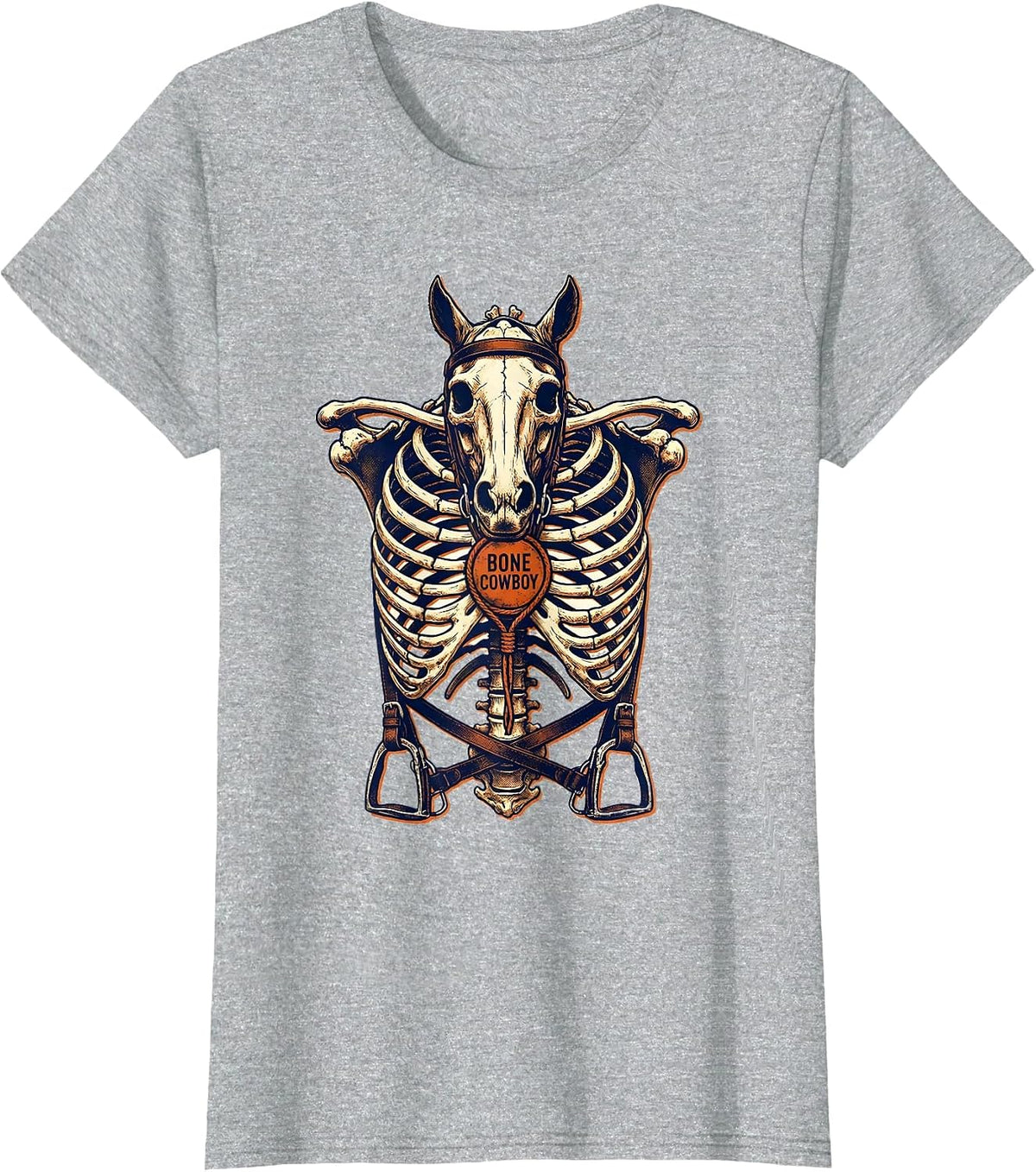 Women's Bone Cowboy Risograph Skeleton Horse Equestrian Halloween T-Shirt - Heather Grey