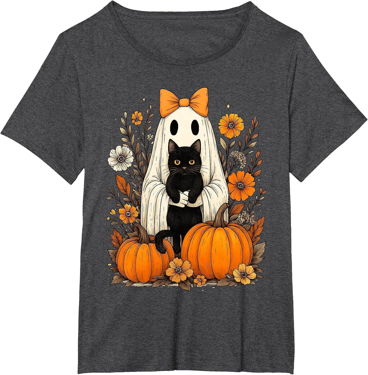 Vintage Halloween Ghost Holding Black Cat Groovy Floral T-Shirt - Dark Heather Grey