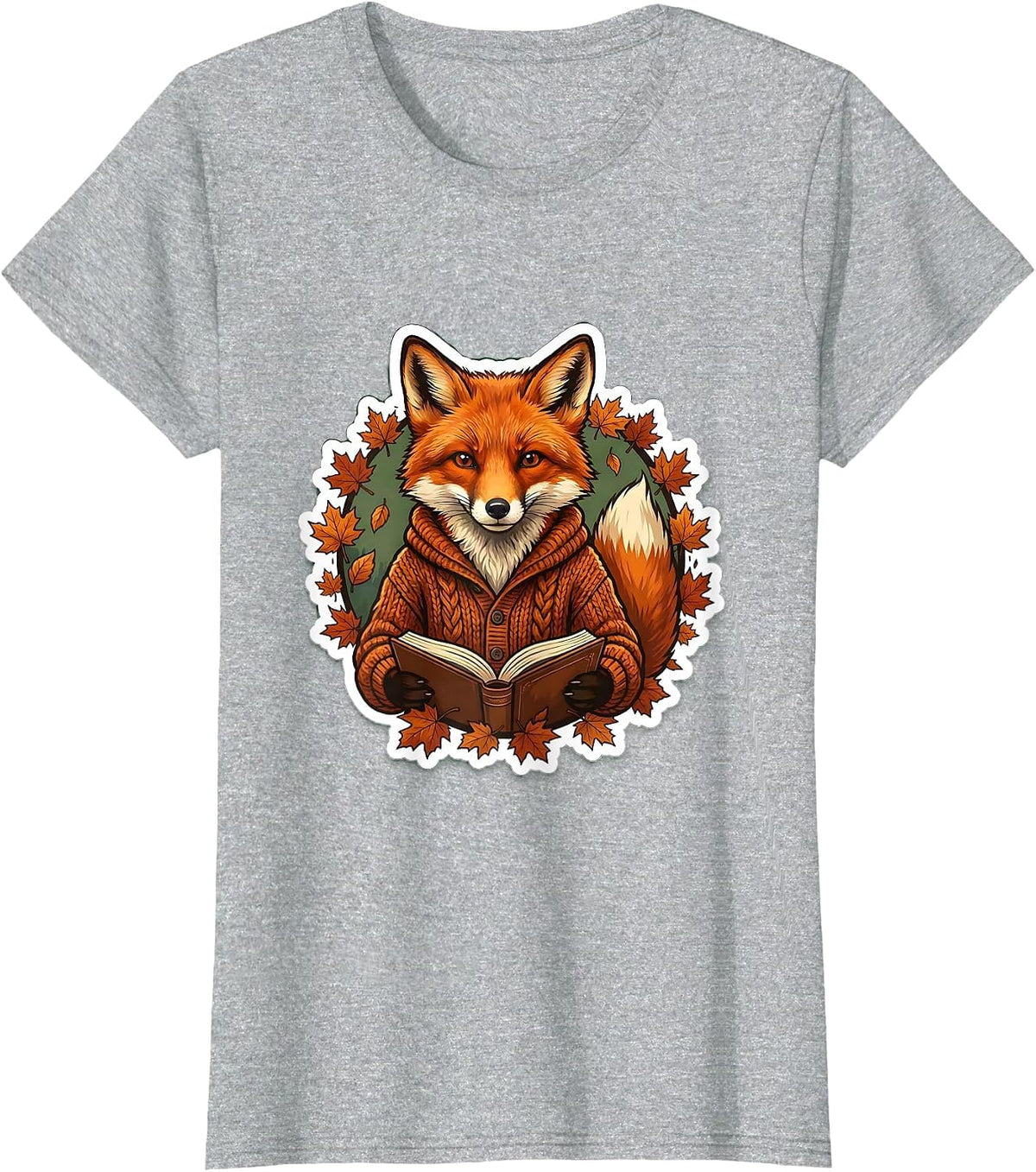 Fall Teacher Fox Reading Book Illustration T-Shirt - Heather Grey