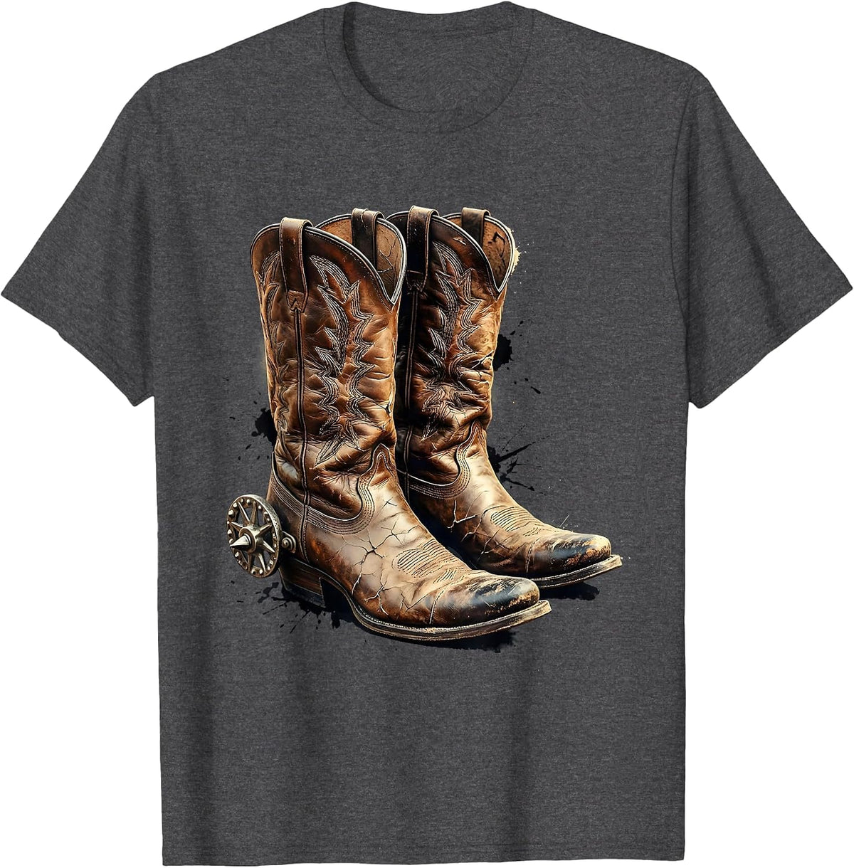 Worn Cowboy Boots With Spurs Cowgirl Graphic T-Shirt - Dark Heather Grey