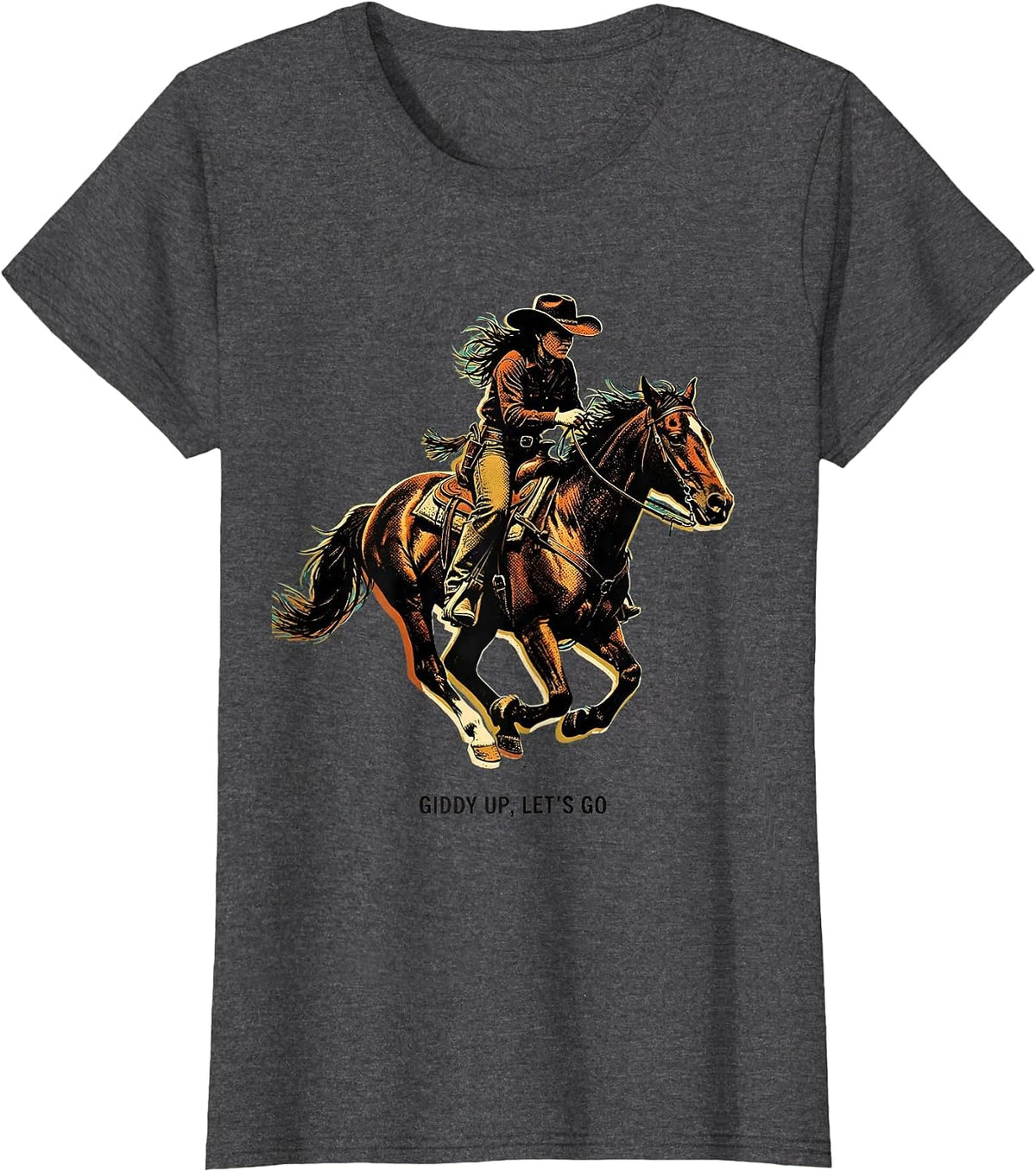 Women's Giddy Up Lets Go Cowgirl Western Design T-Shirt - Dark Heather Grey