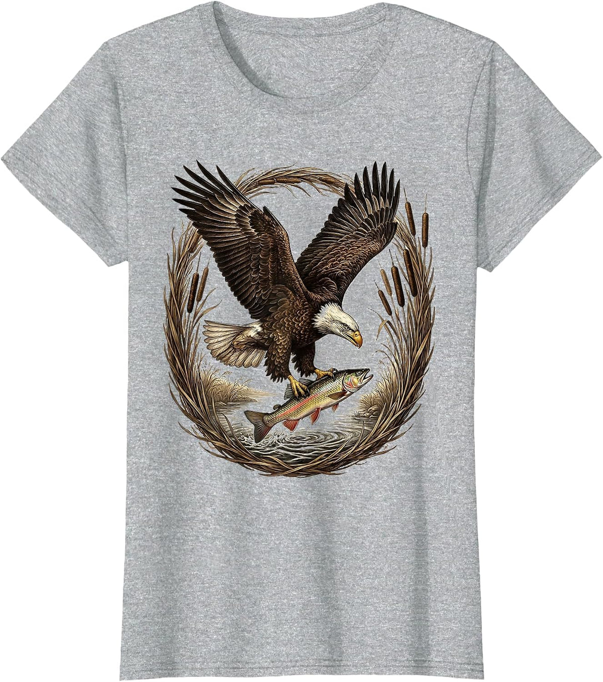 Eagle Diving for Trout Fishing Graphic T-Shirt - Heather Grey