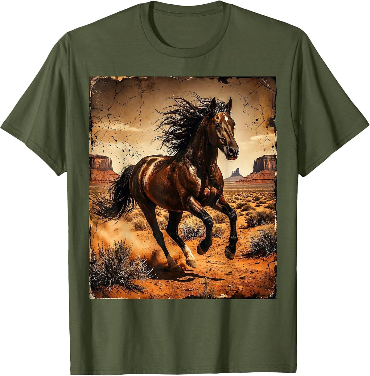 Men's Horse Galloping Desert Landscape Rodeo Graphic T-Shirt - Olive Green