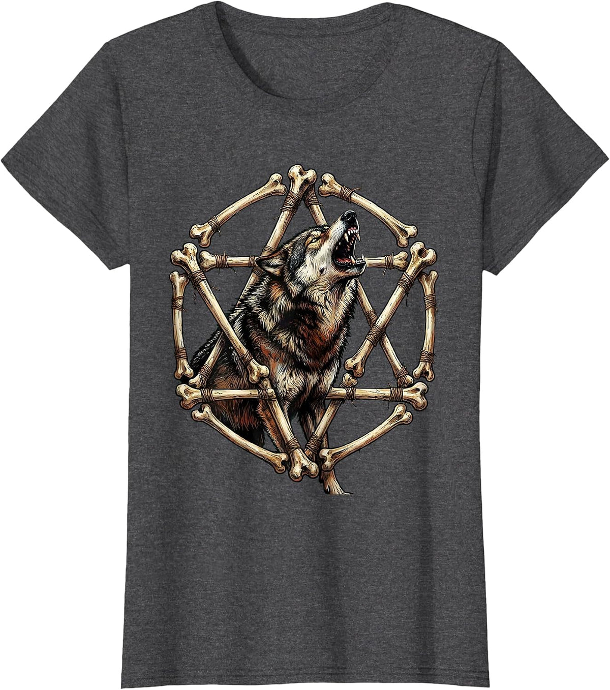 Women's Wolf Howling Pentagram of Bones Heavy Metal Graphic T-Shirt - Dark Heather Grey
