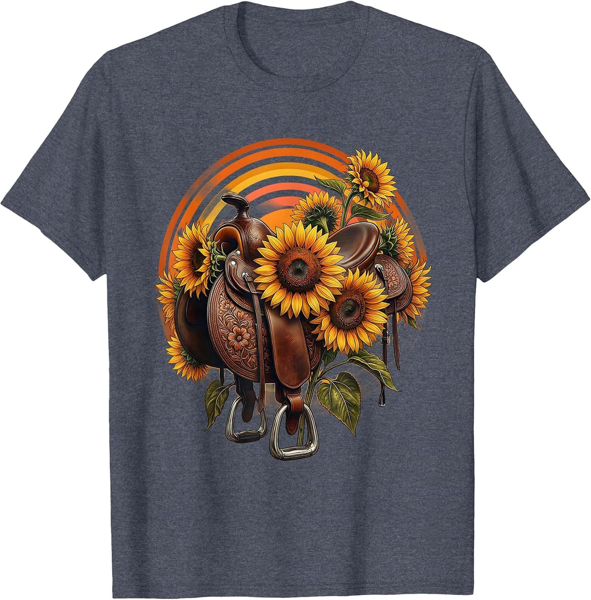Western Saddle Sunflower Floral Illustration T-Shirt - Heather Blue