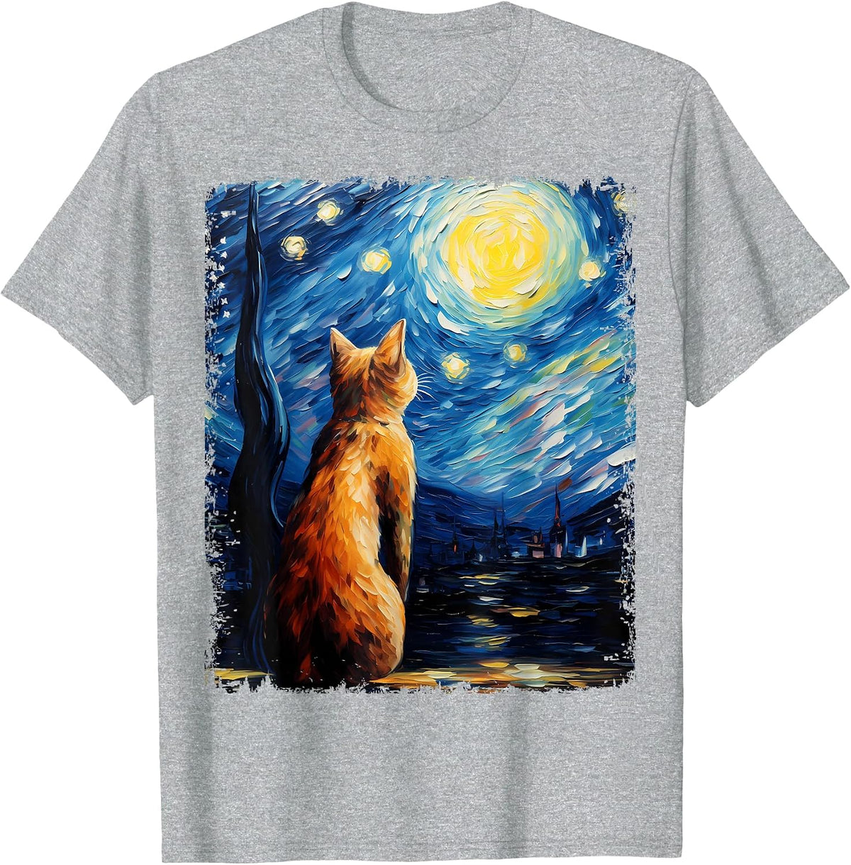 Abyssinian Orange Cat Starry Night Painting T-Shirt - Heather Grey
