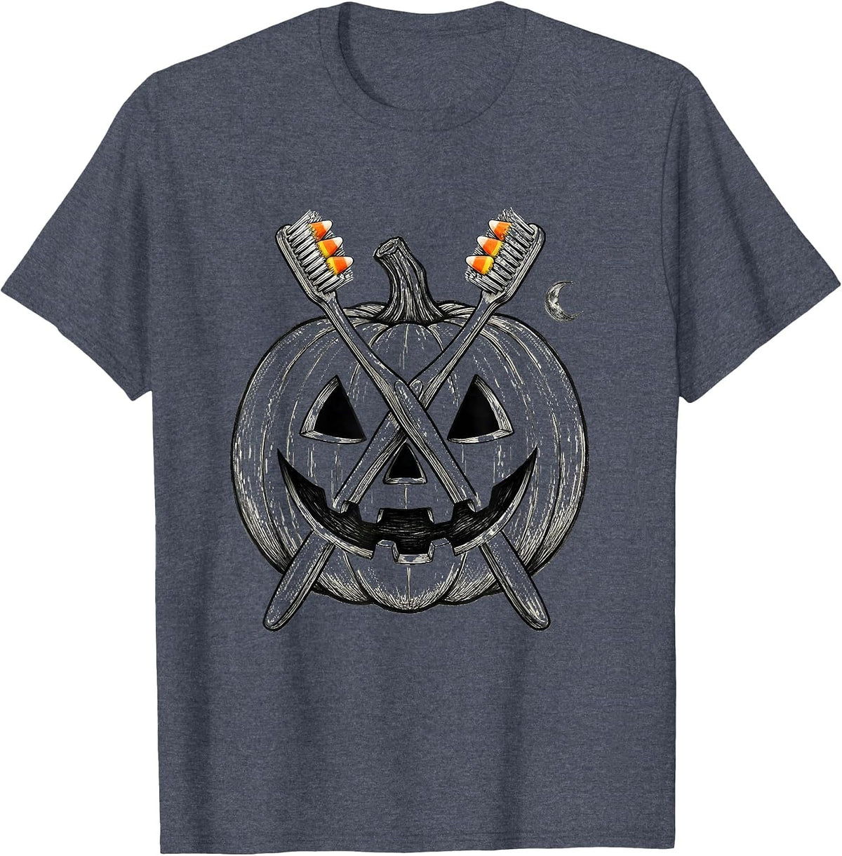 Crossed Toothbrush Jack-O-Lantern Halloween Dental Staff T-Shirt - Heather Blue