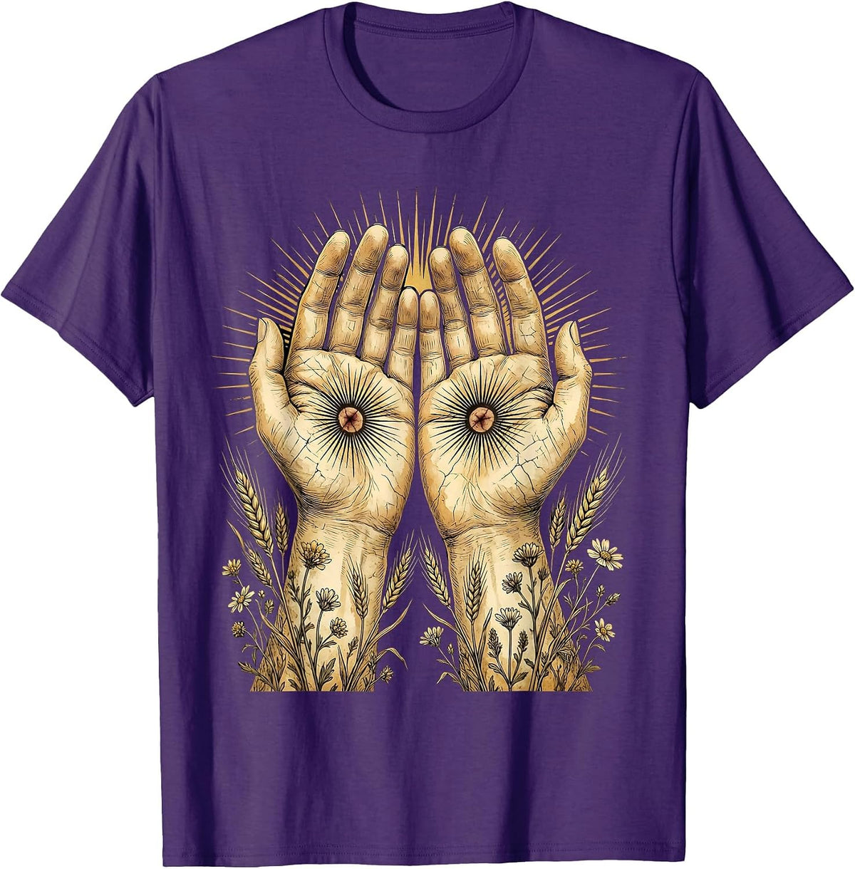 Nail-Scarred Hands Radiating Light Jesus Design T-Shirt - Purple