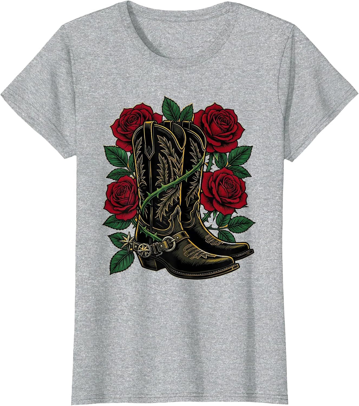 Women's Cowboy Boots Spurs and Roses Western Graphic T-Shirt - Heather Grey