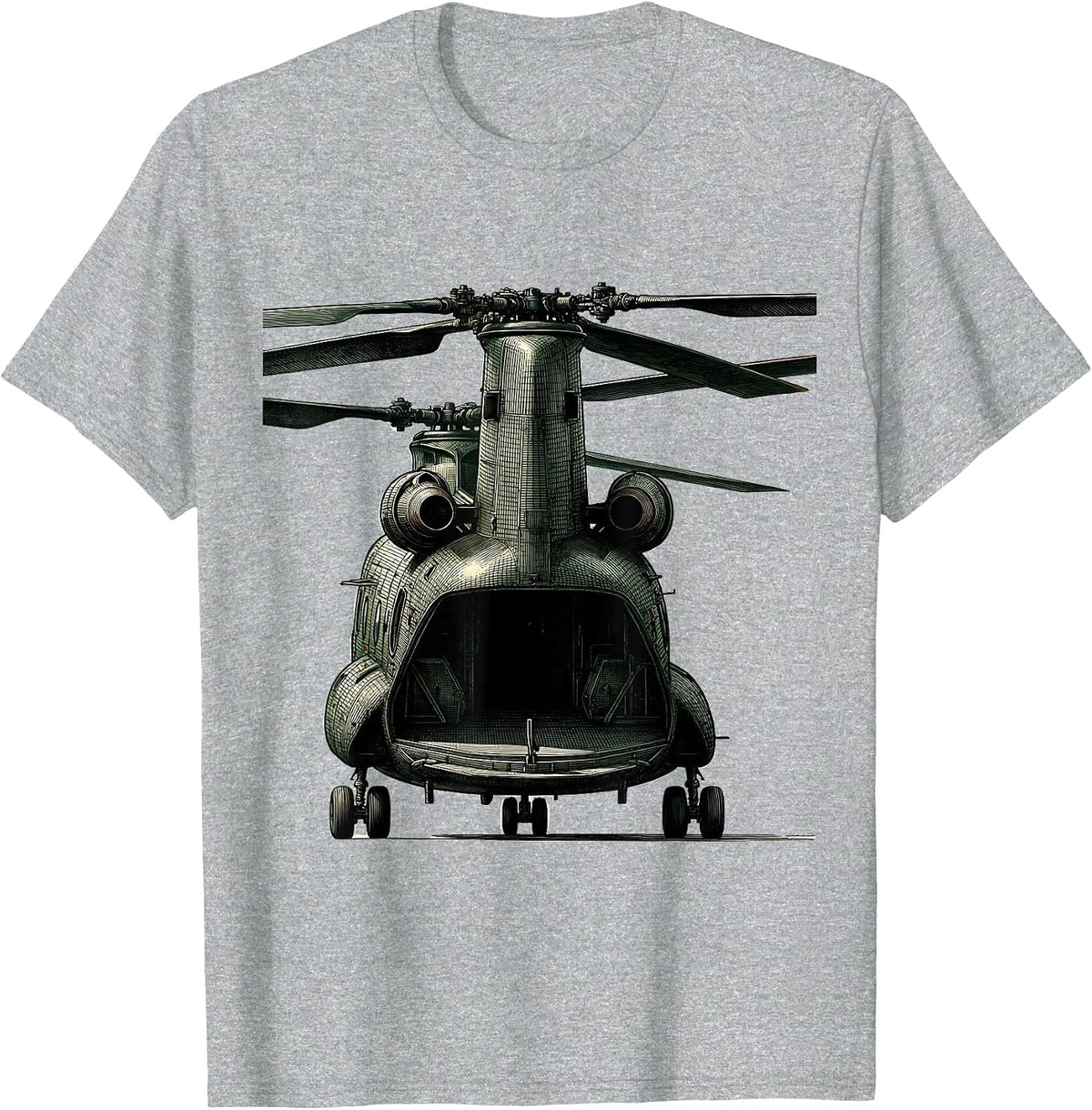 Men's CH-46 Sea Knight Crosshatch Etching Military Helicopter T-Shirt - Heather Grey