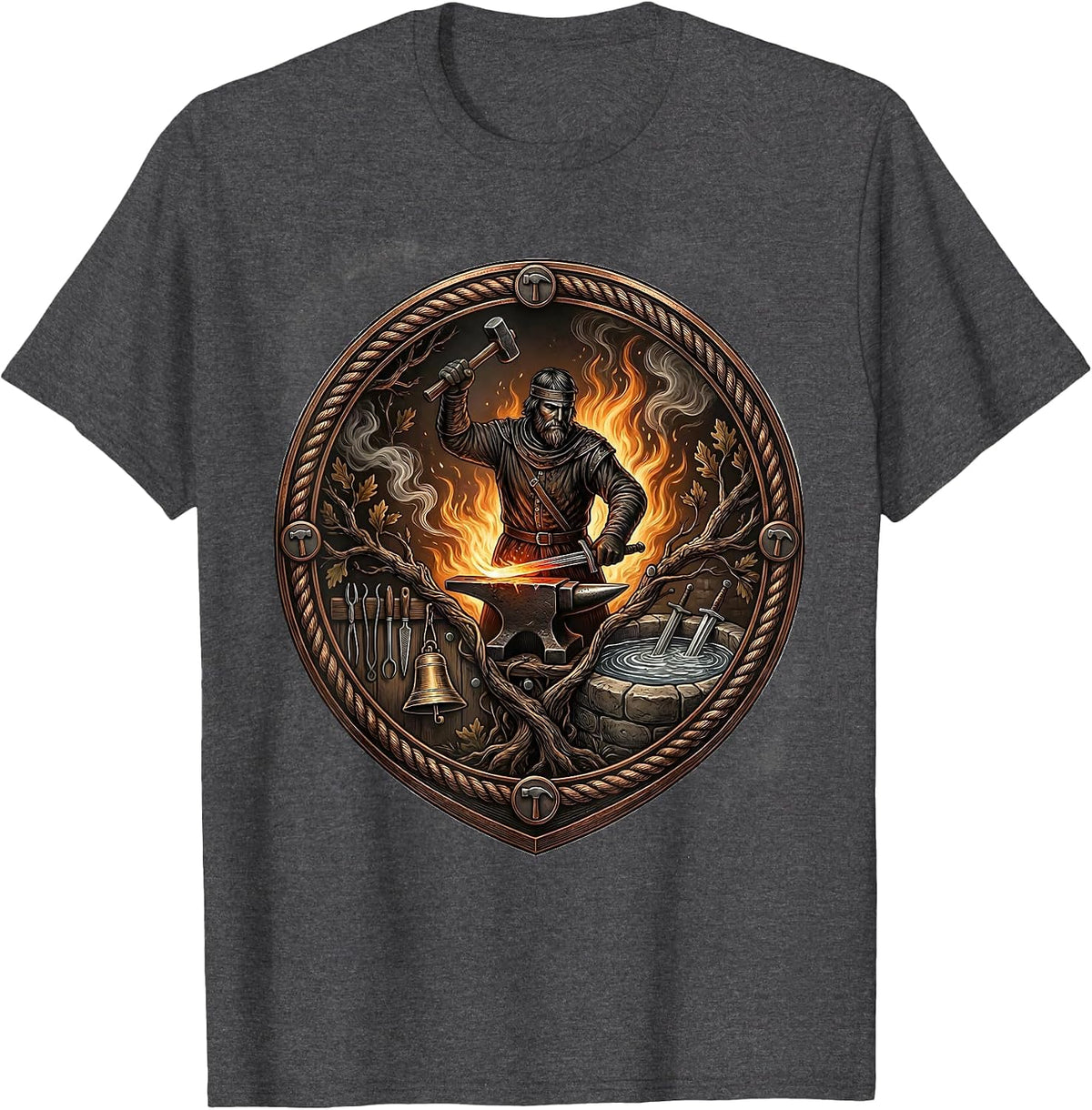 Men's Medieval Blacksmith Forging Sword at the Forge T-Shirt - Dark Heather Grey