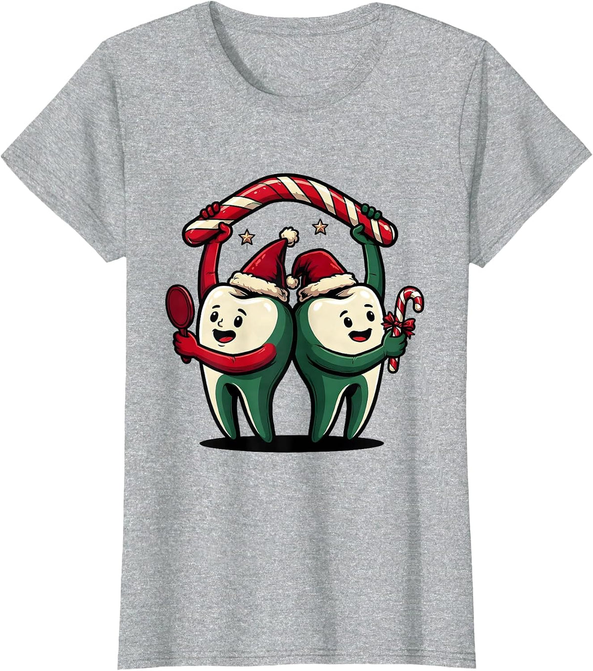 Rounded Teeth Candy-Cane Dental Humor Christmas Crew T-Shirt - Heather Grey
