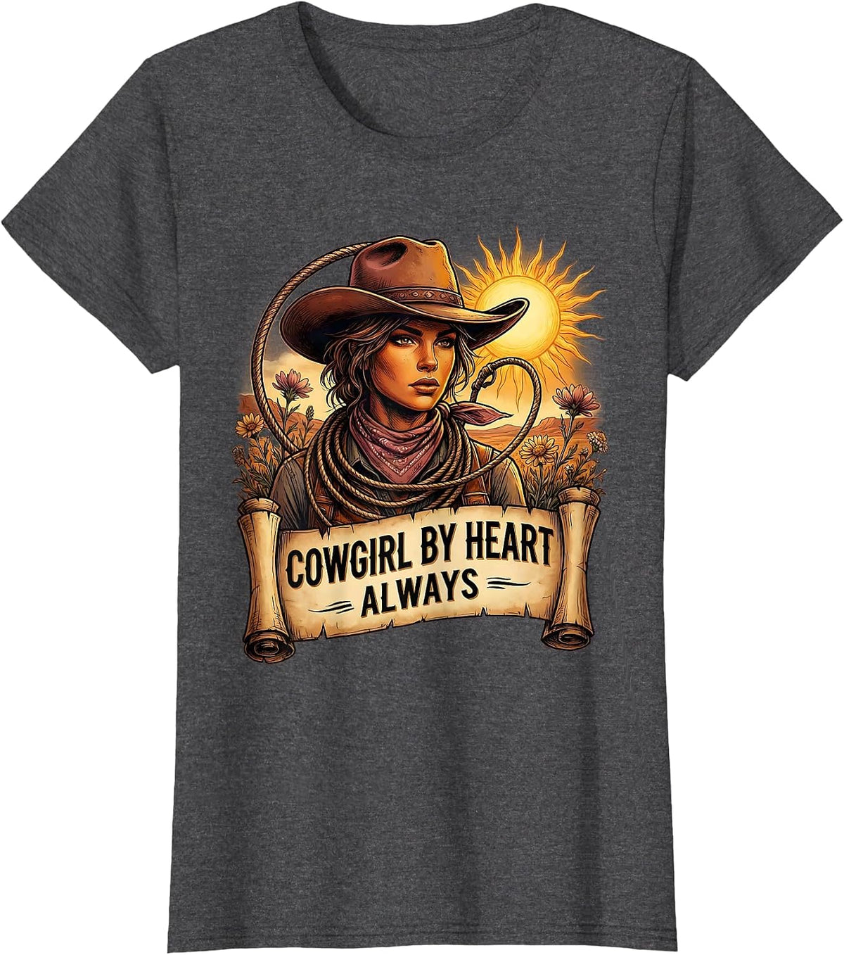 Women's Cowgirl By Heart Always Western Spirit Design T-Shirt - Dark Heather Grey