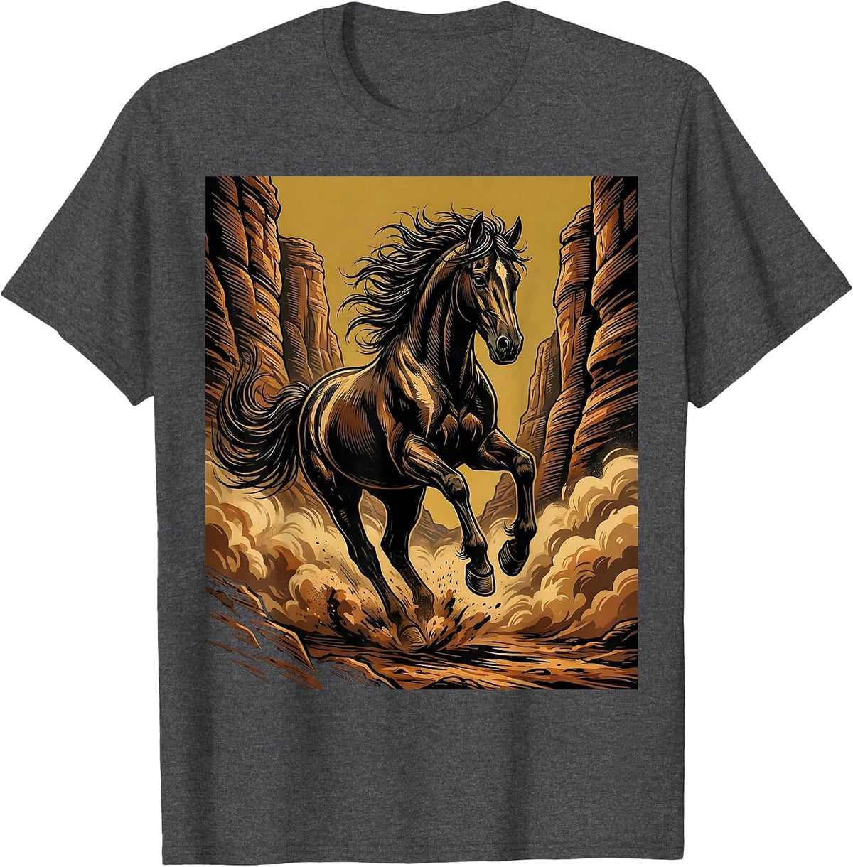 Lone Horse Running Through Canyon Dust T-Shirt - Dark Heather Grey