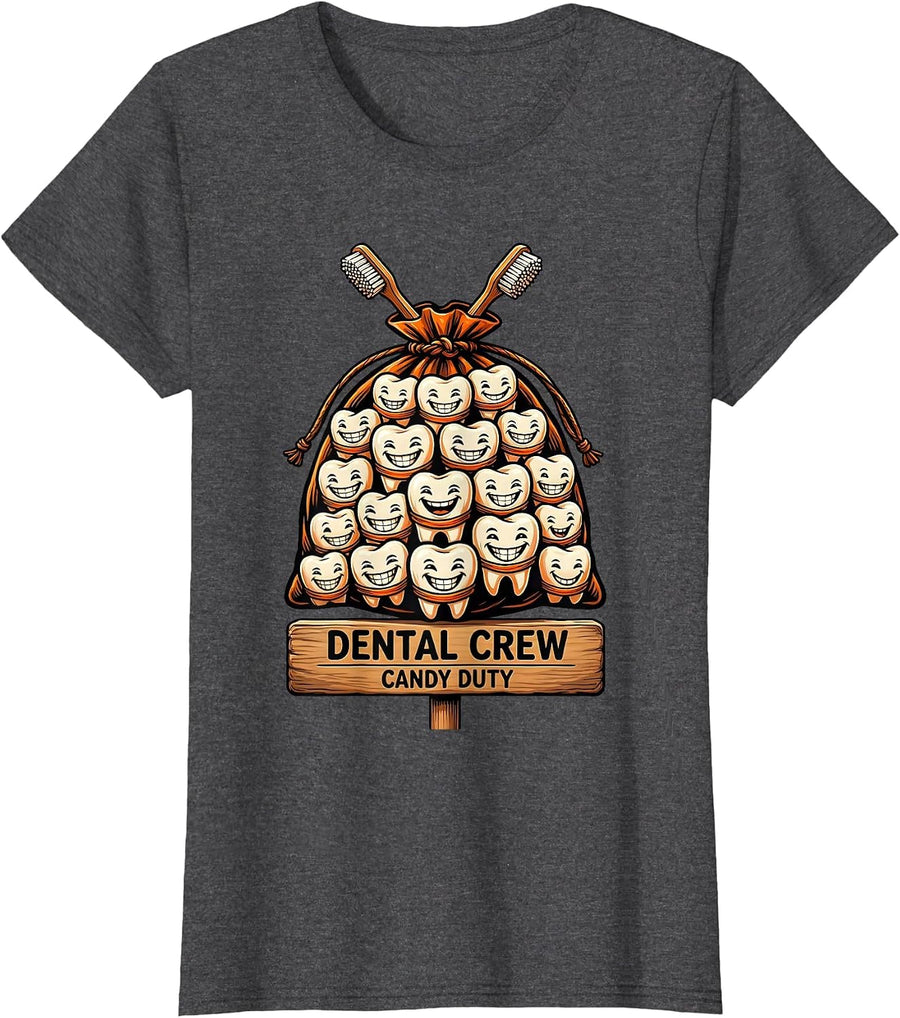 Women's Dental Crew Candy Duty Funny Dental Team Crew Halloween T-Shirt - Dark Heather Grey