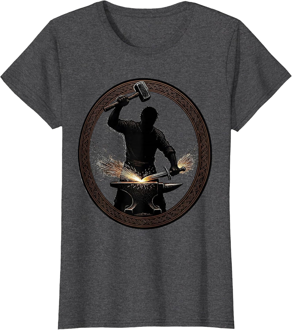 Women's Renaissance Blacksmith Forging Sword Sparks Graphic T-Shirt - Dark Heather Grey