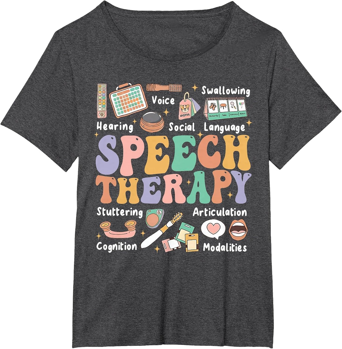 Speech Therapy Tee Retro Groovy Funny Therapist SLP AAC SLPA T-Shirt - Dark Heather Grey