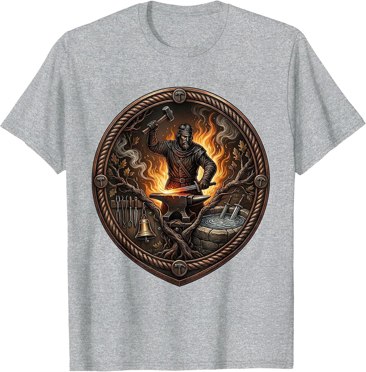 Men's Medieval Blacksmith Forging Sword at the Forge T-Shirt - Heather Grey