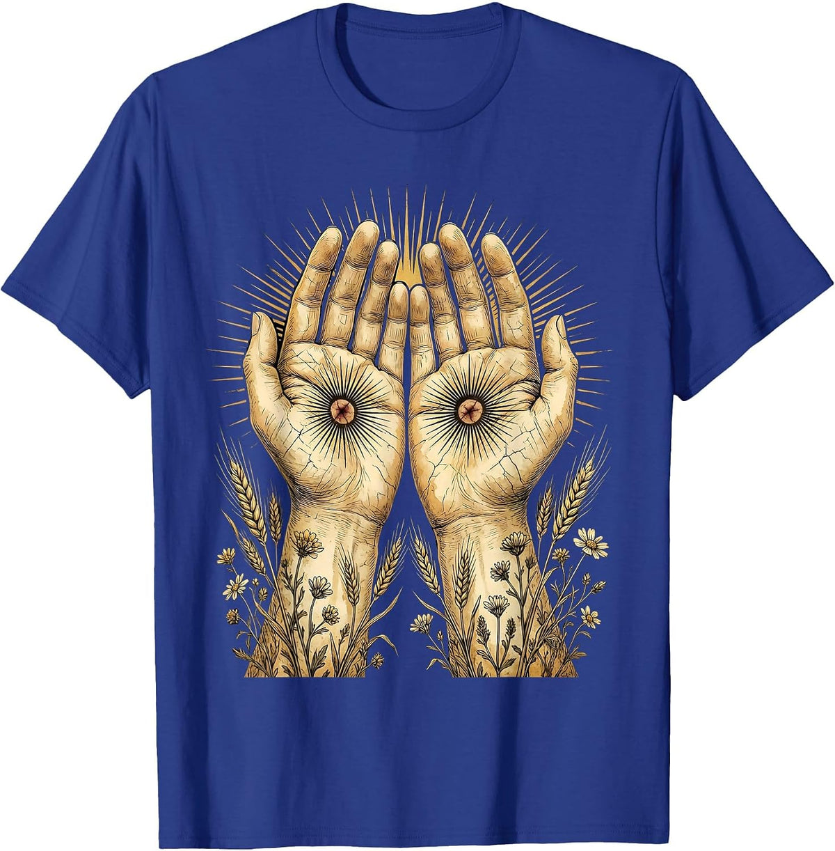 Nail-Scarred Hands Radiating Light Jesus Design T-Shirt - Royal Blue