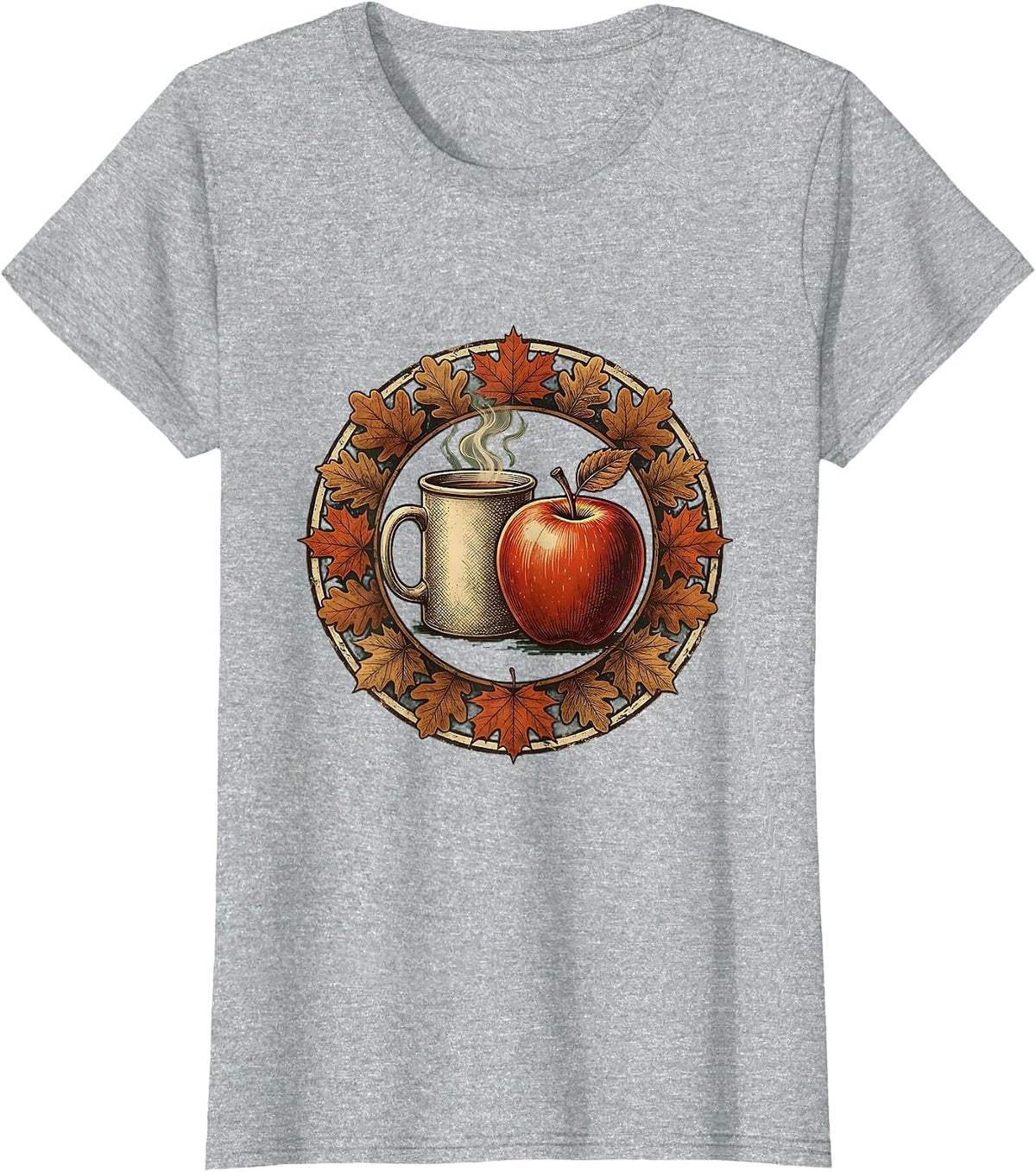 Women's Teacher Fall Steaming Mug and Apple Illustration T-Shirt - Heather Grey
