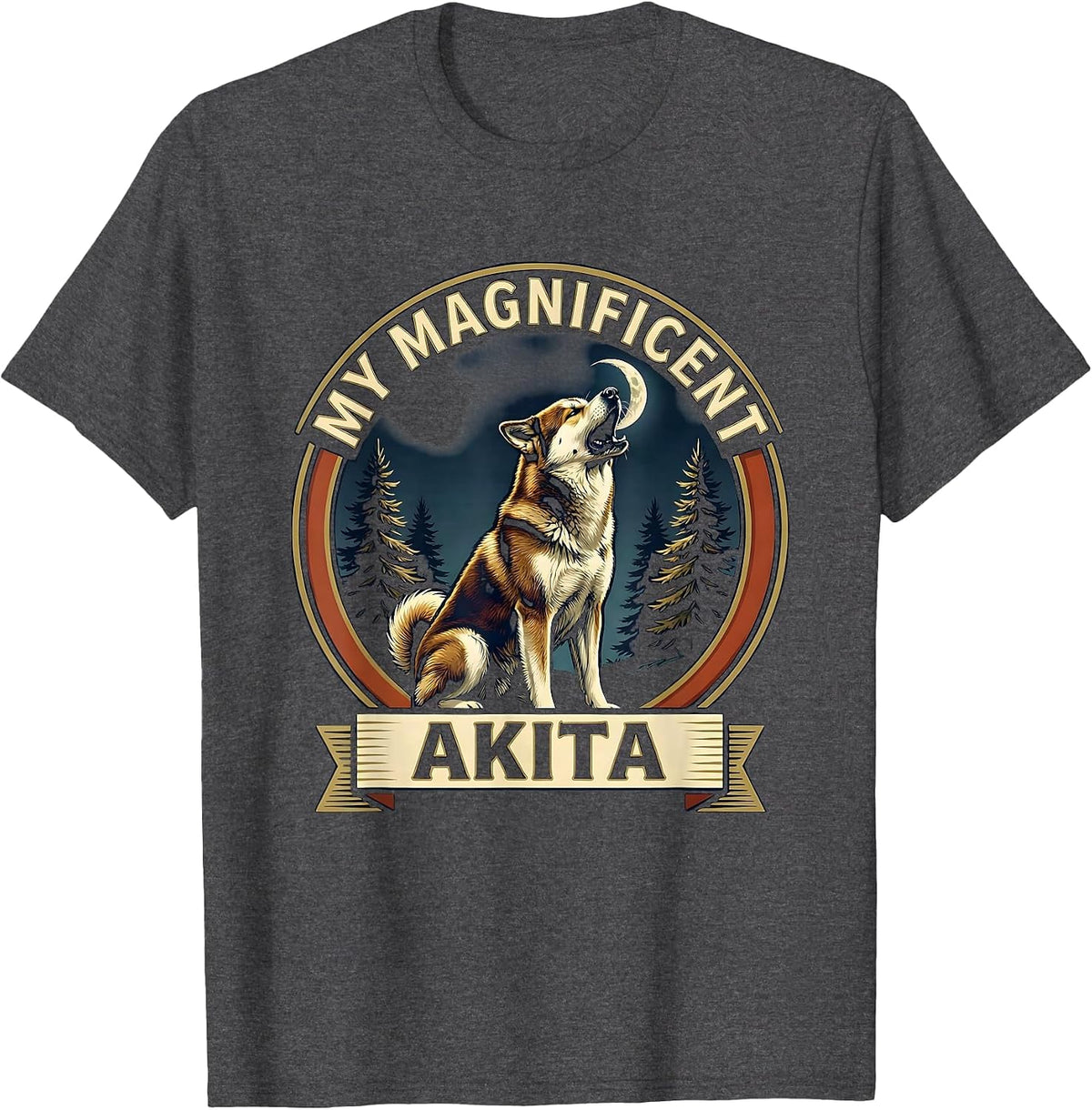 MY MAGNIFICENT AKITA Funny Akita Howling At The Moon Retro T-Shirt - Dark Heather Grey