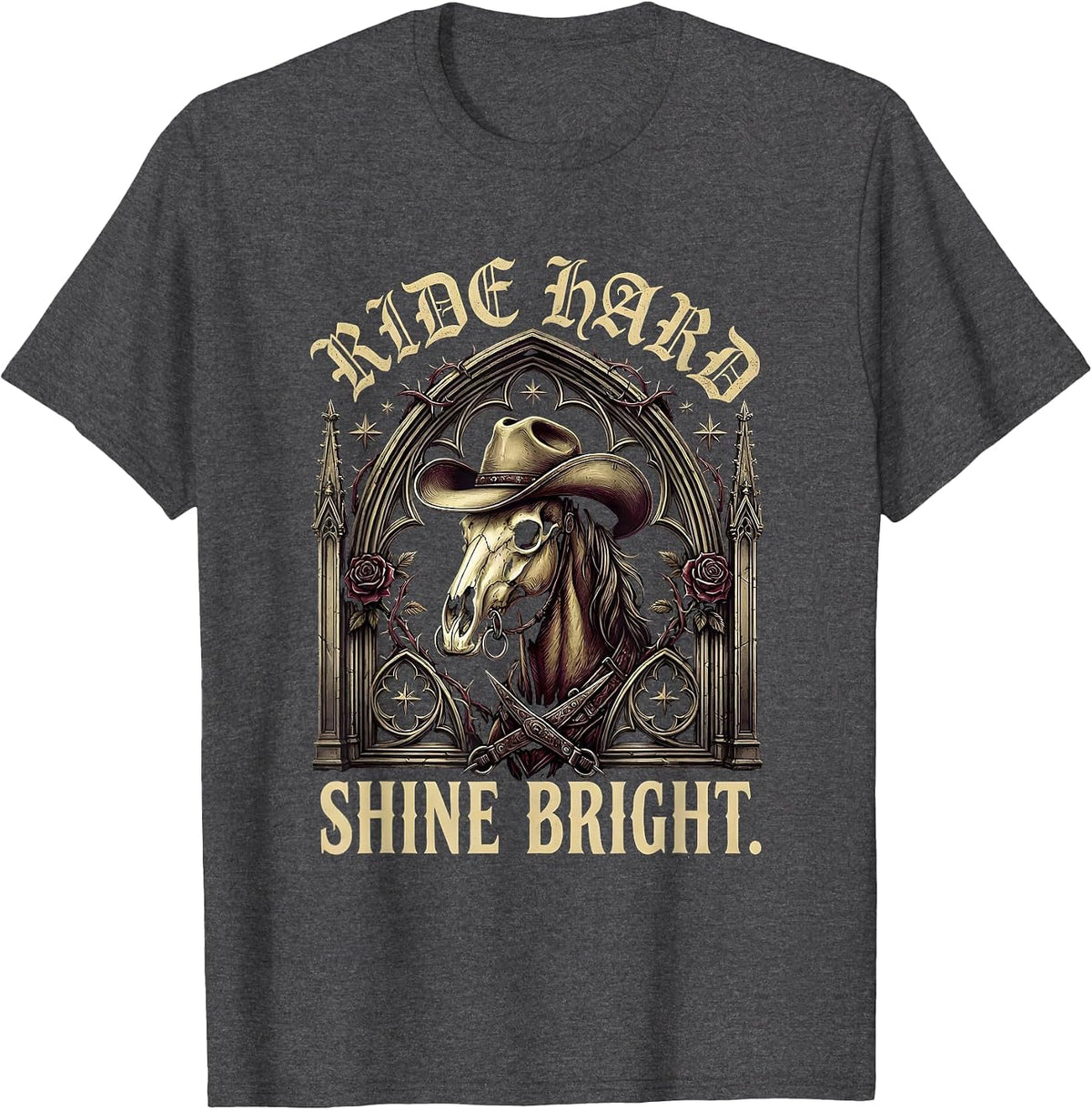 Ride Hard Shine Bright Cowgirl Design T-Shirt - Dark Heather Grey