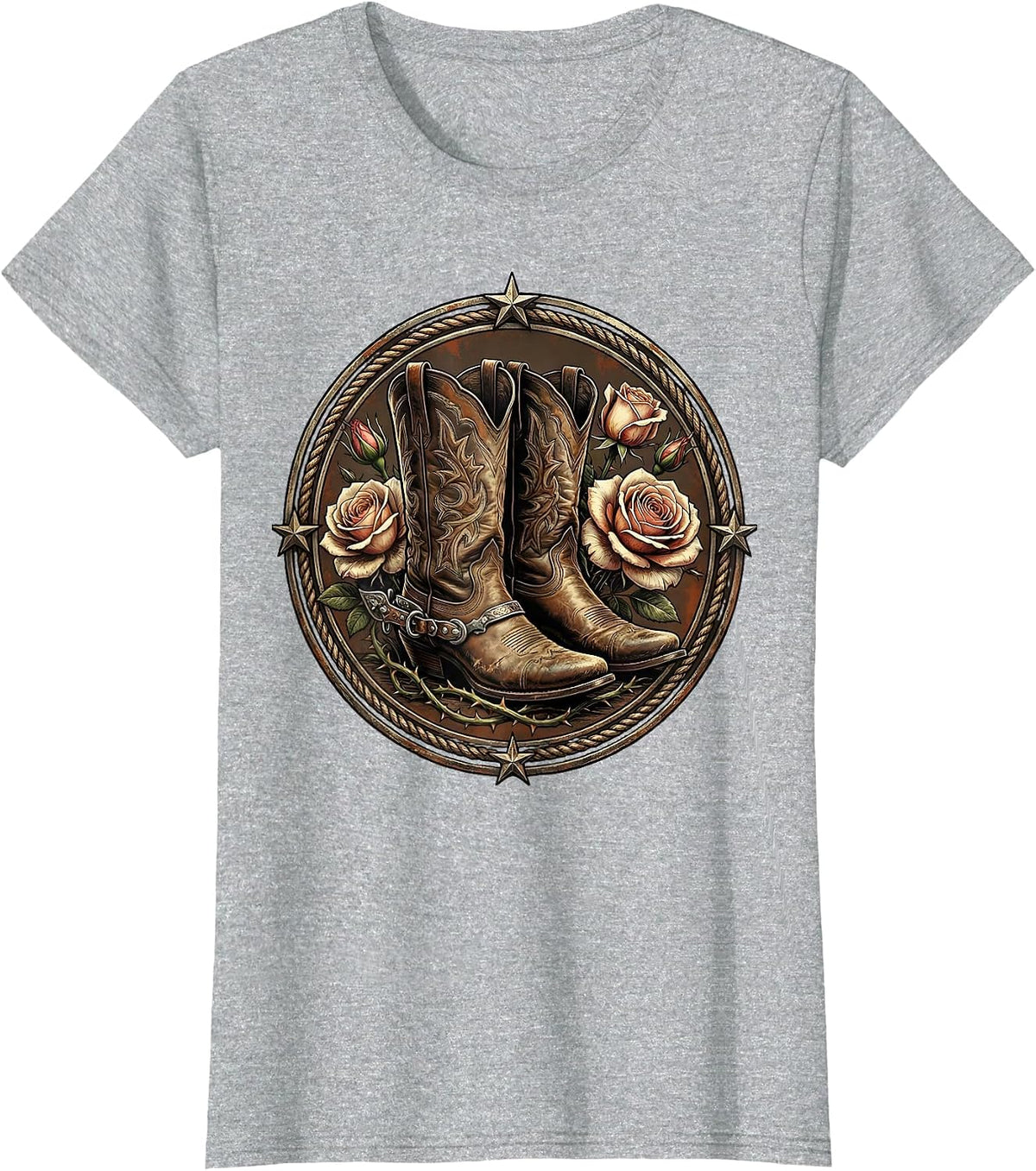 Cowboy Boots Spurs and Roses Western Graphic T-Shirt - Heather Grey
