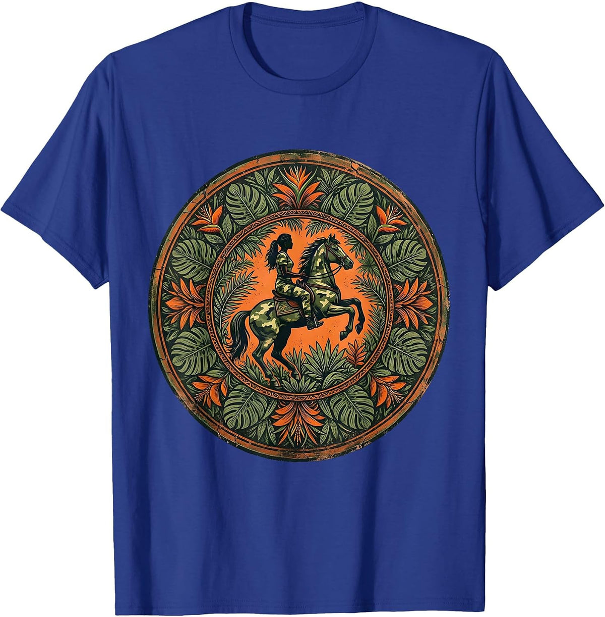 Men's Camo Woman Riding Horse Through Jungle T-Shirt - Royal Blue