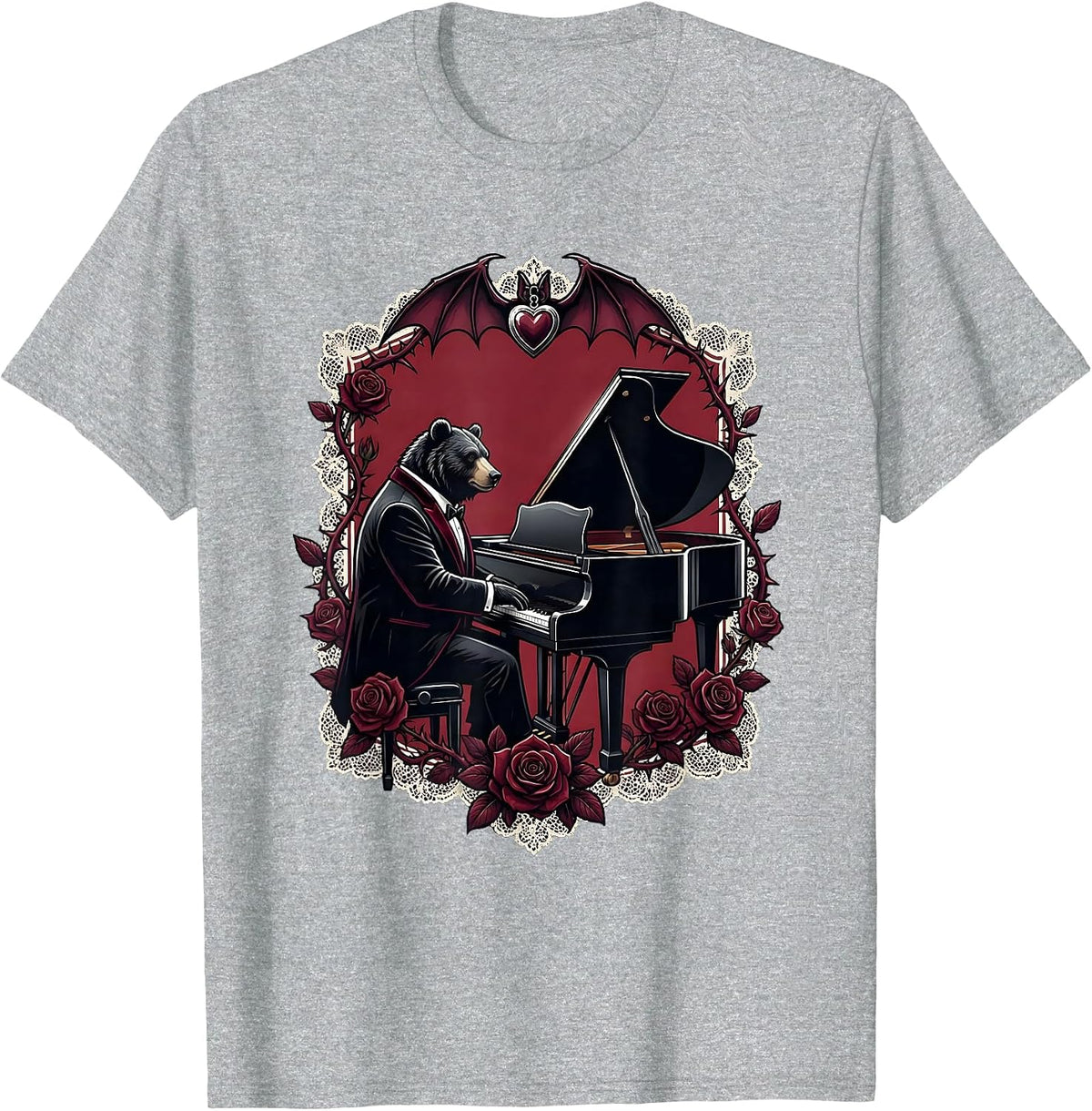 Men's Bear in Tuxedo at Grand Piano Illustration T-Shirt - Heather Grey