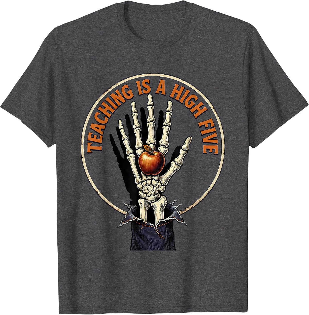Halloween Teacher High Five Skeleton Hand Design T-Shirt - Dark Heather Grey