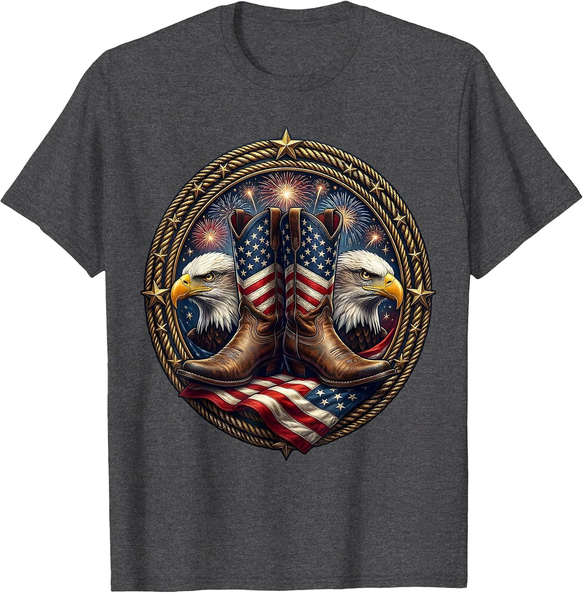 Red White and Blue Cowboy Boots Patriotic Design T-Shirt - Dark Heather Grey
