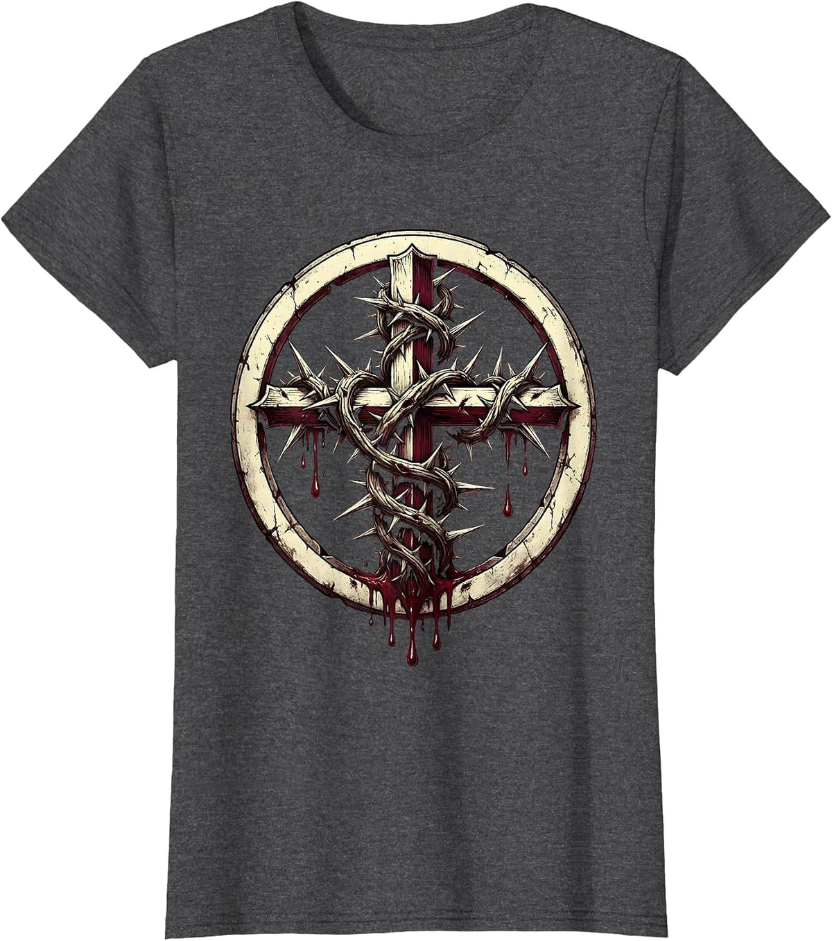 Women's Cross Wrapped in Thorns with Dripping Blood Design T-Shirt - Dark Heather Grey