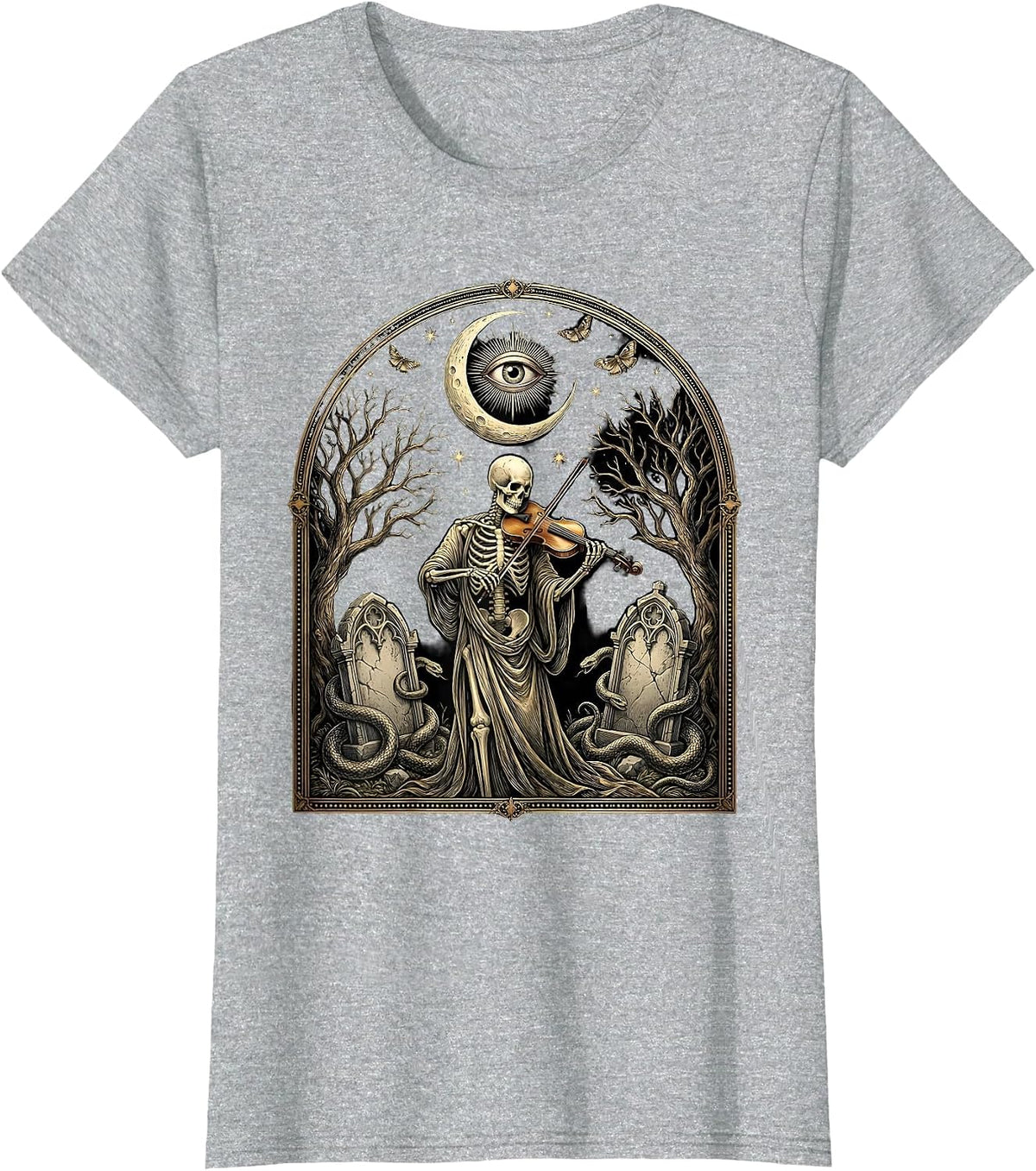 Skeleton Violinist Graveyard Spooky Season Art T-Shirt - Heather Grey