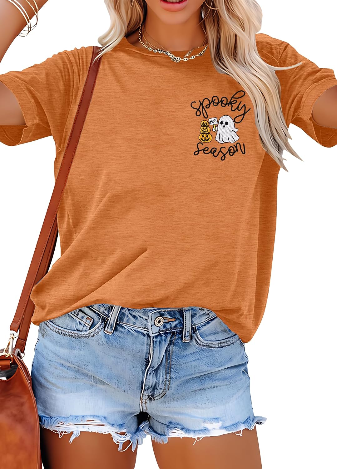 Embroidered Halloween Spooky Shirt Women: Ghost Tshirt Boo Bat Graphic Tee - Brown-1