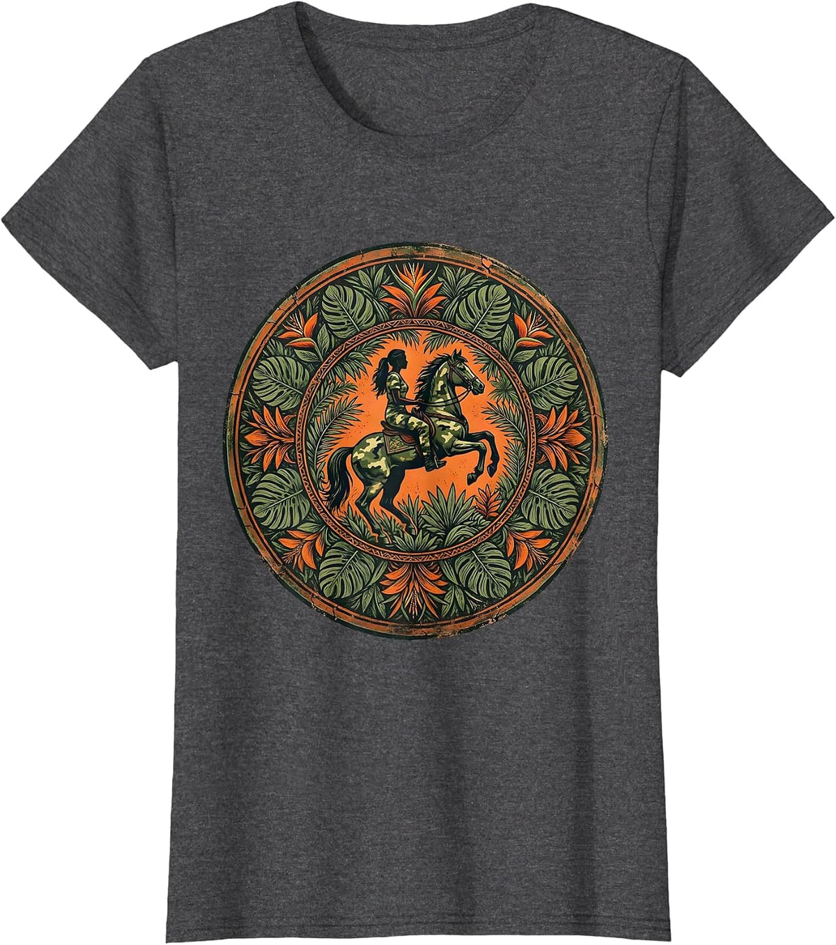 Women's Camo Woman Riding Horse Through Jungle T-Shirt - Dark Heather Grey