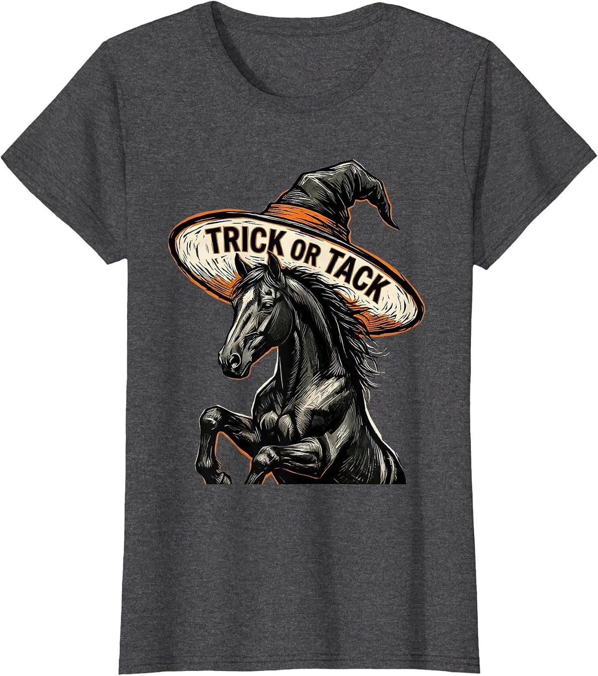 Women's Trick or Tack Linocut Whimsical Halloween Horse Lover Gift T-Shirt - Dark Heather Grey