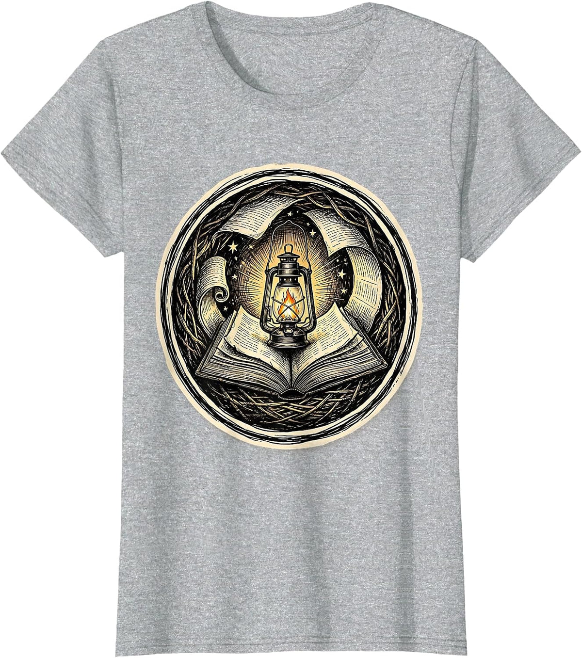 Reading Teacher Glowing Lantern Open Book Illustration T-Shirt - Heather Grey