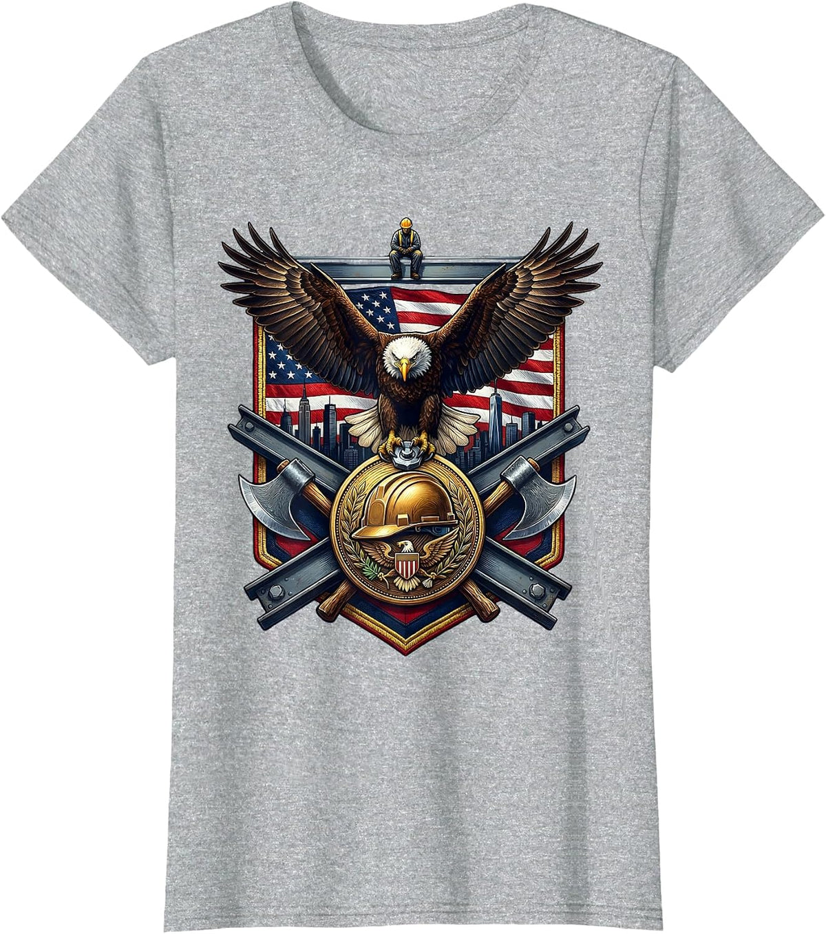 Construction Worker Steel Beam Skyline Graphic T-Shirt - Heather Grey