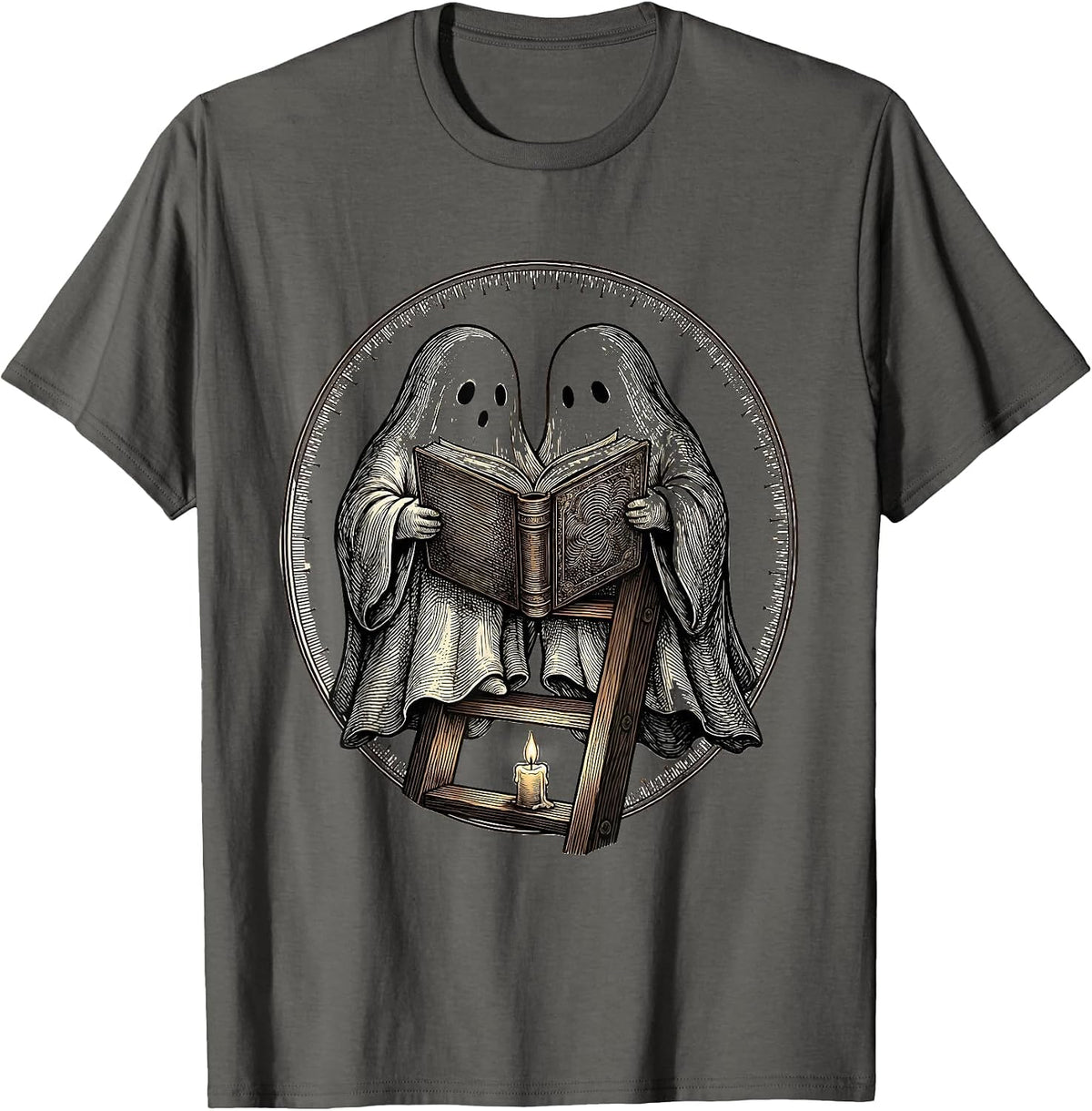 Bookish Ghosts Reading Library Ladder Cozy Halloween T-Shirt - Asphalt Grey