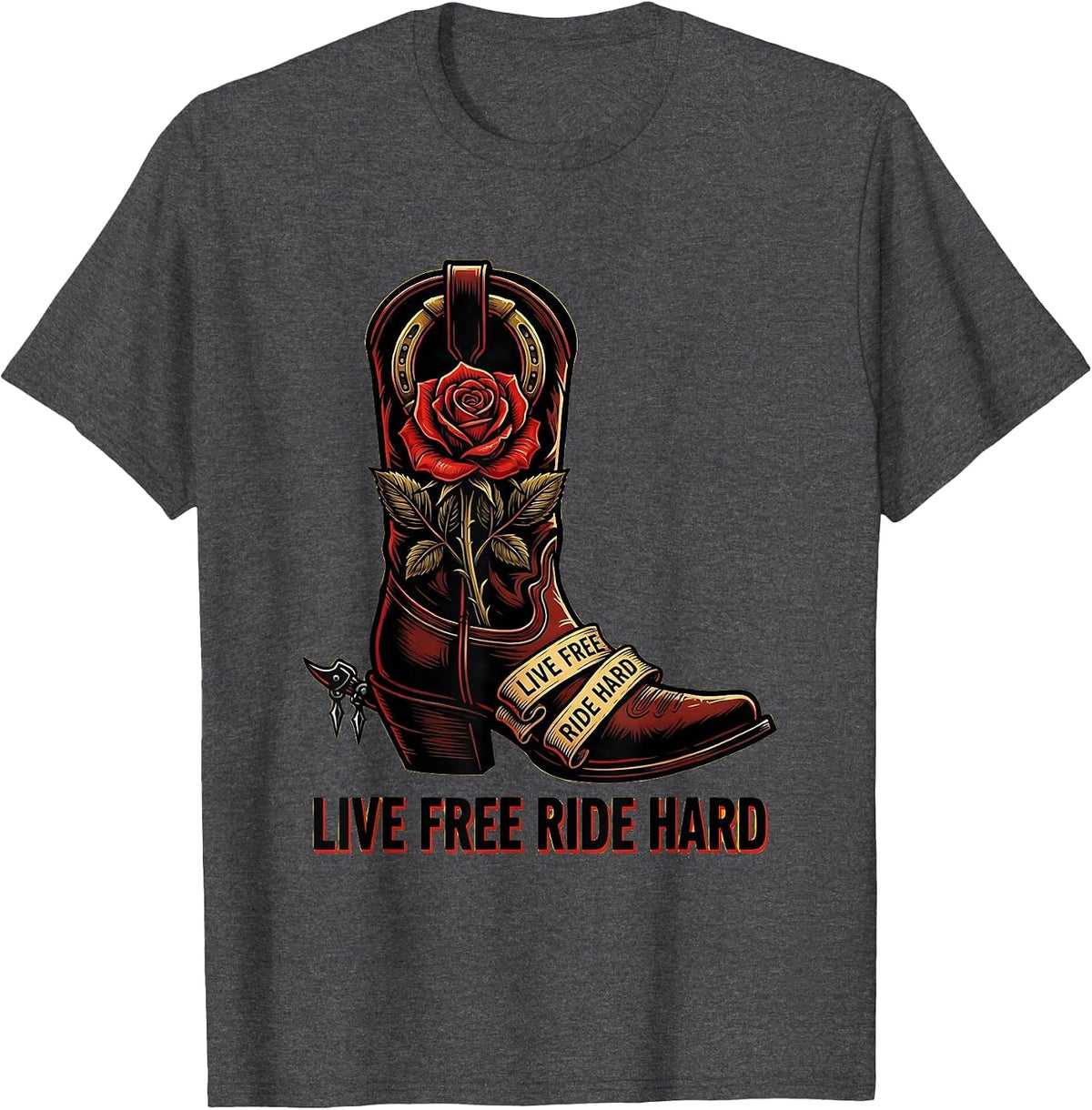 Live Free Ride Hard Cowgirl Design T-Shirt - Dark Heather Grey