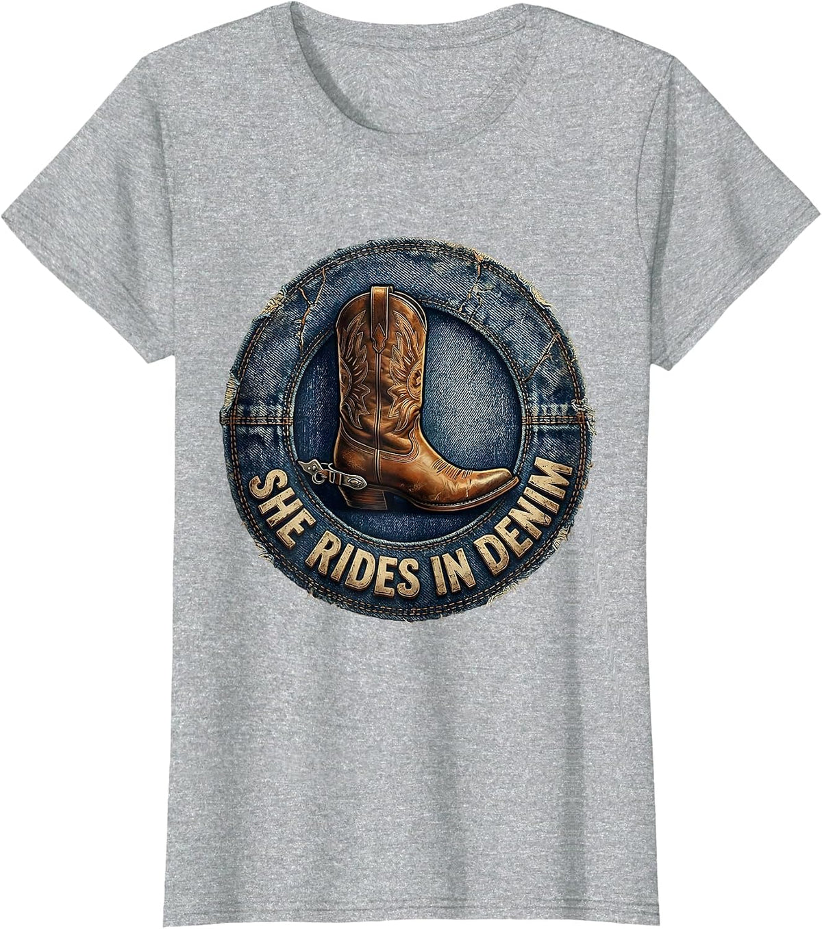 She Rides In Denim Cowgirl Graphic Design T-Shirt - Heather Grey