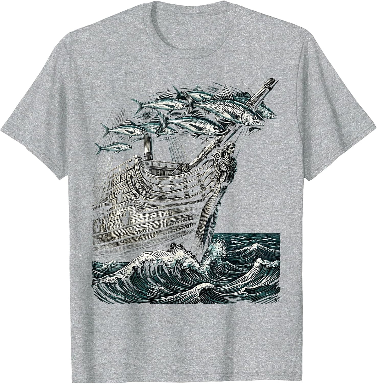 Men's Flying Fish Over Ship Bow Cruise Graphic T-Shirt - Heather Grey