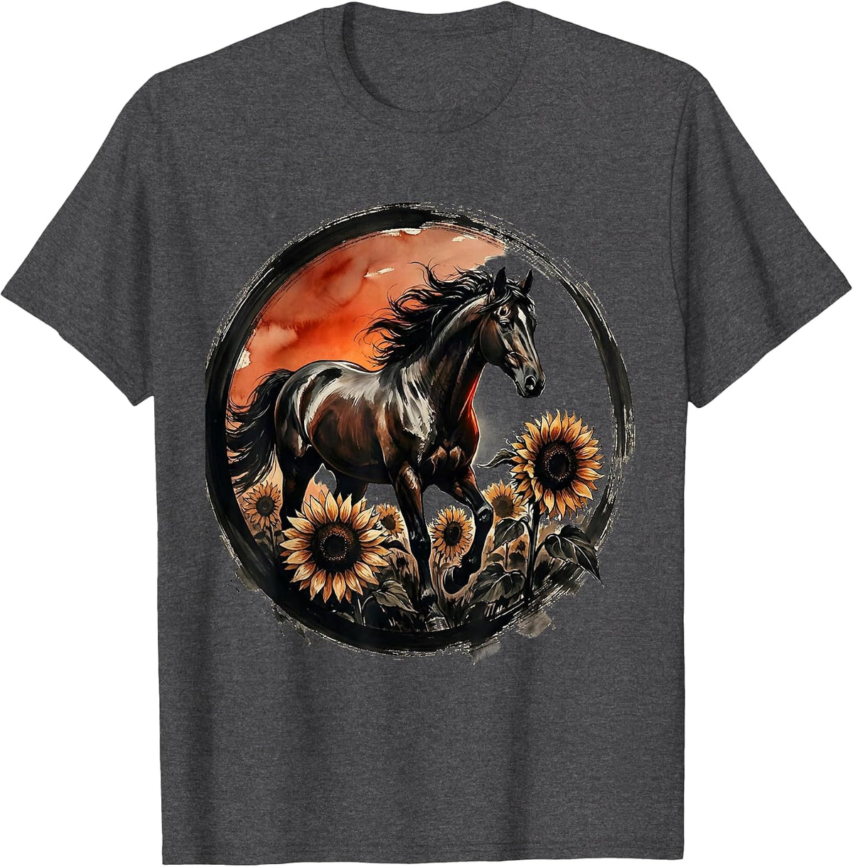 Men's Horse in Sunflower Field Dusk Illustration T-Shirt - Dark Heather Grey