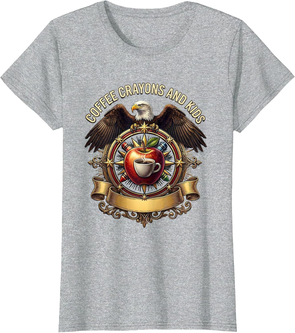 Coffee Crayons And Kids Elementary Teacher Design T-Shirt - Heather Grey