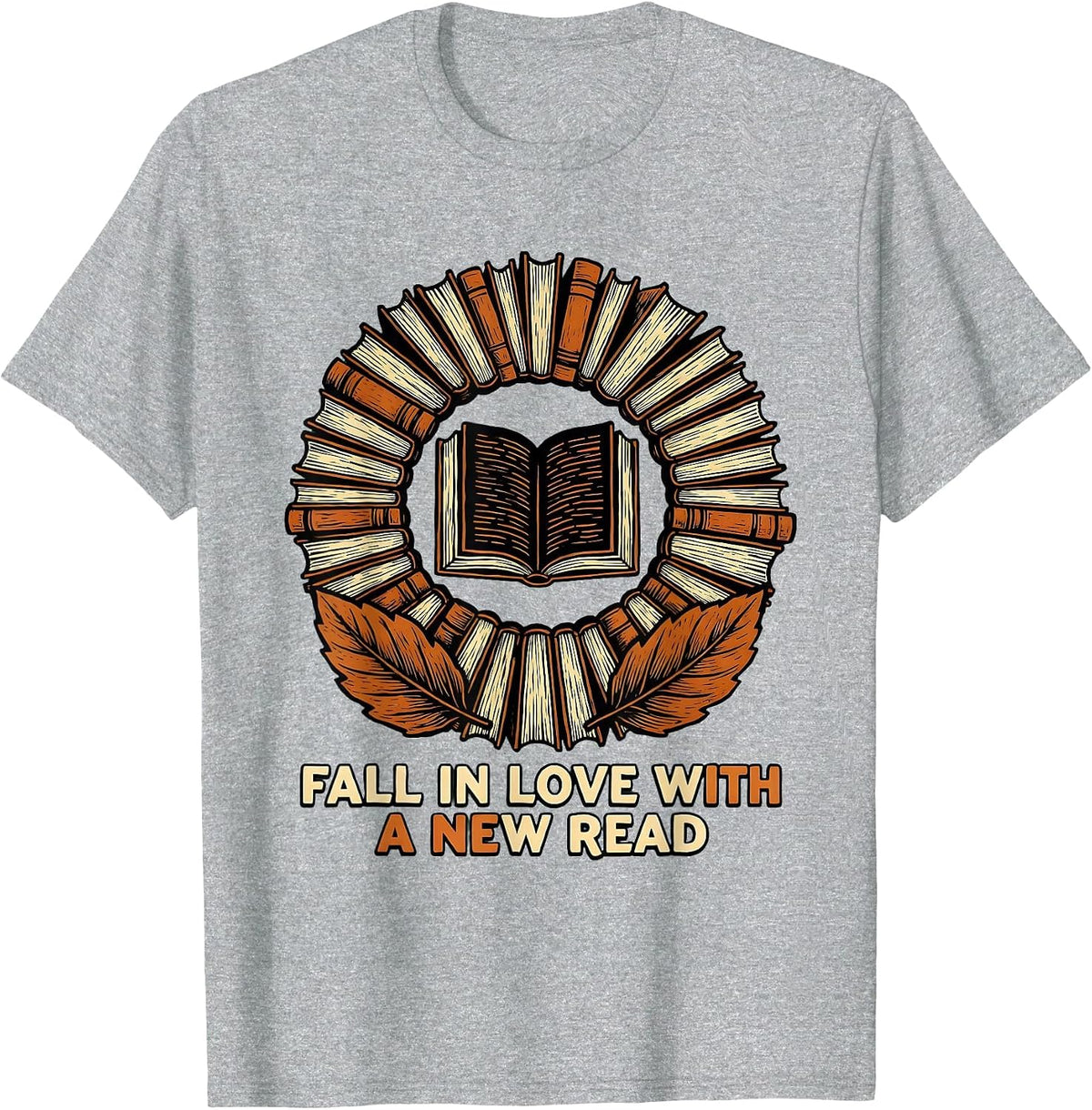 Men's Fall In Love With A New Read Linocut Autumn Teacher Book T-Shirt - Heather Grey