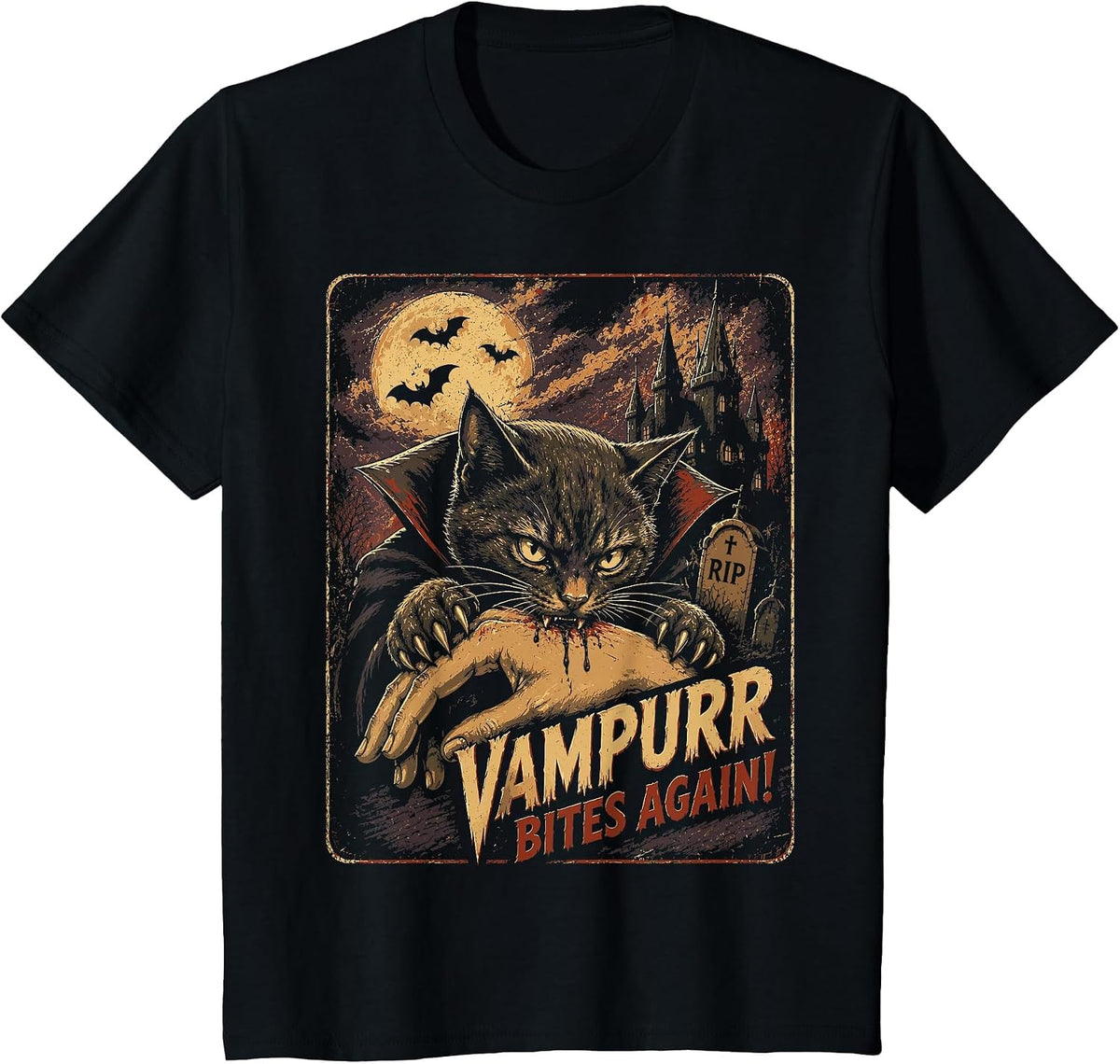 Halloween Comic Cat Vampurr Bites Again Funny Halloween T-Shirt - Black