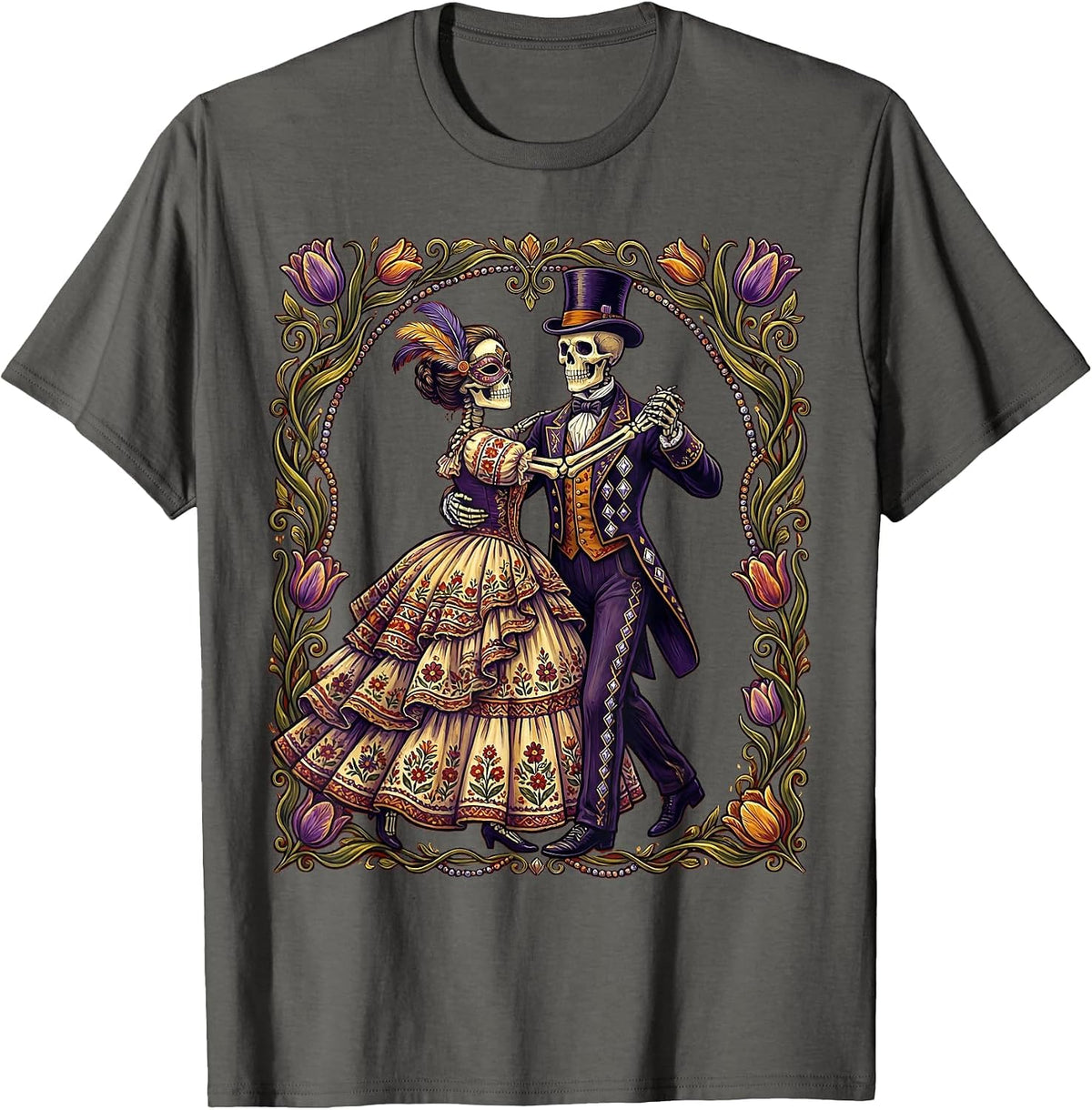 Mardi Gras Dancing Skeletons Ballroom Costume T-Shirt - Asphalt Grey